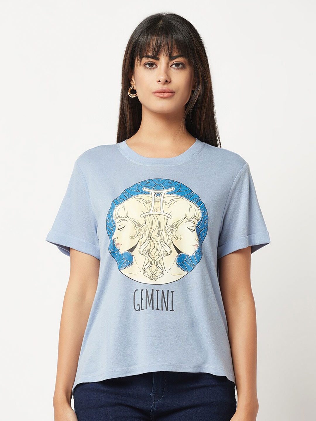

HOUSE OF S Women Zodiac Sign Printed Cotton T-shirt, Blue