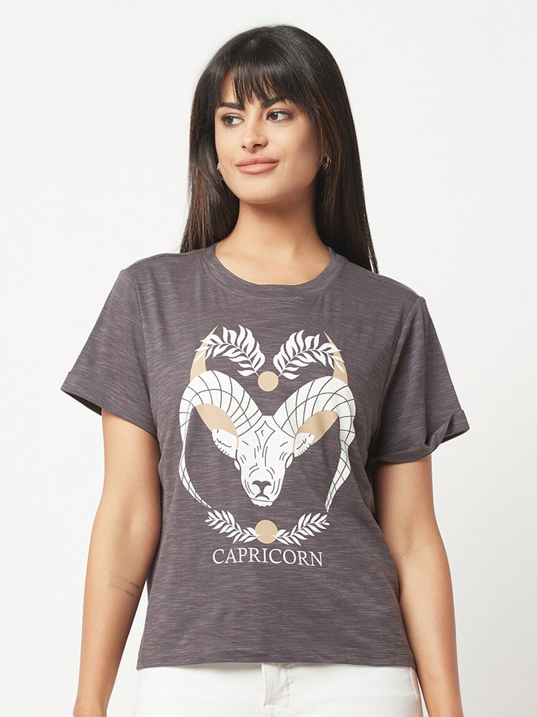

HOUSE OF S Women Printed Cotton Loose T-Shirt, Grey