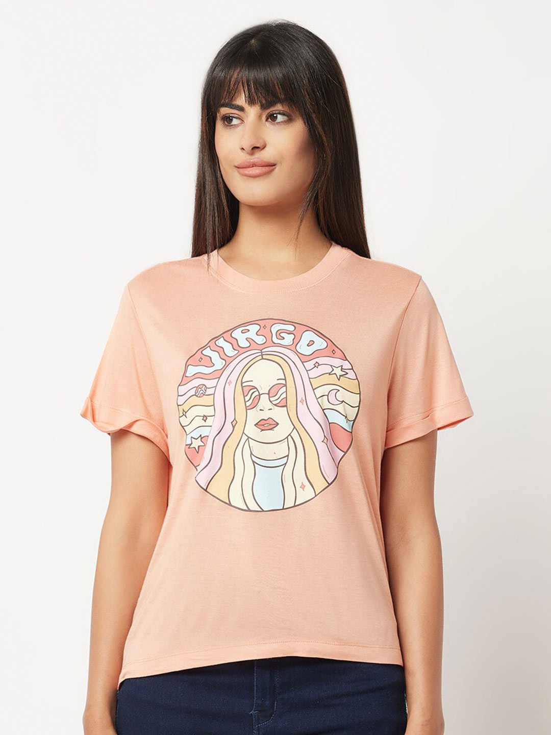 

HOUSE OF S Women Graphic Printed Cotton Loose Fit T-shirt, Peach