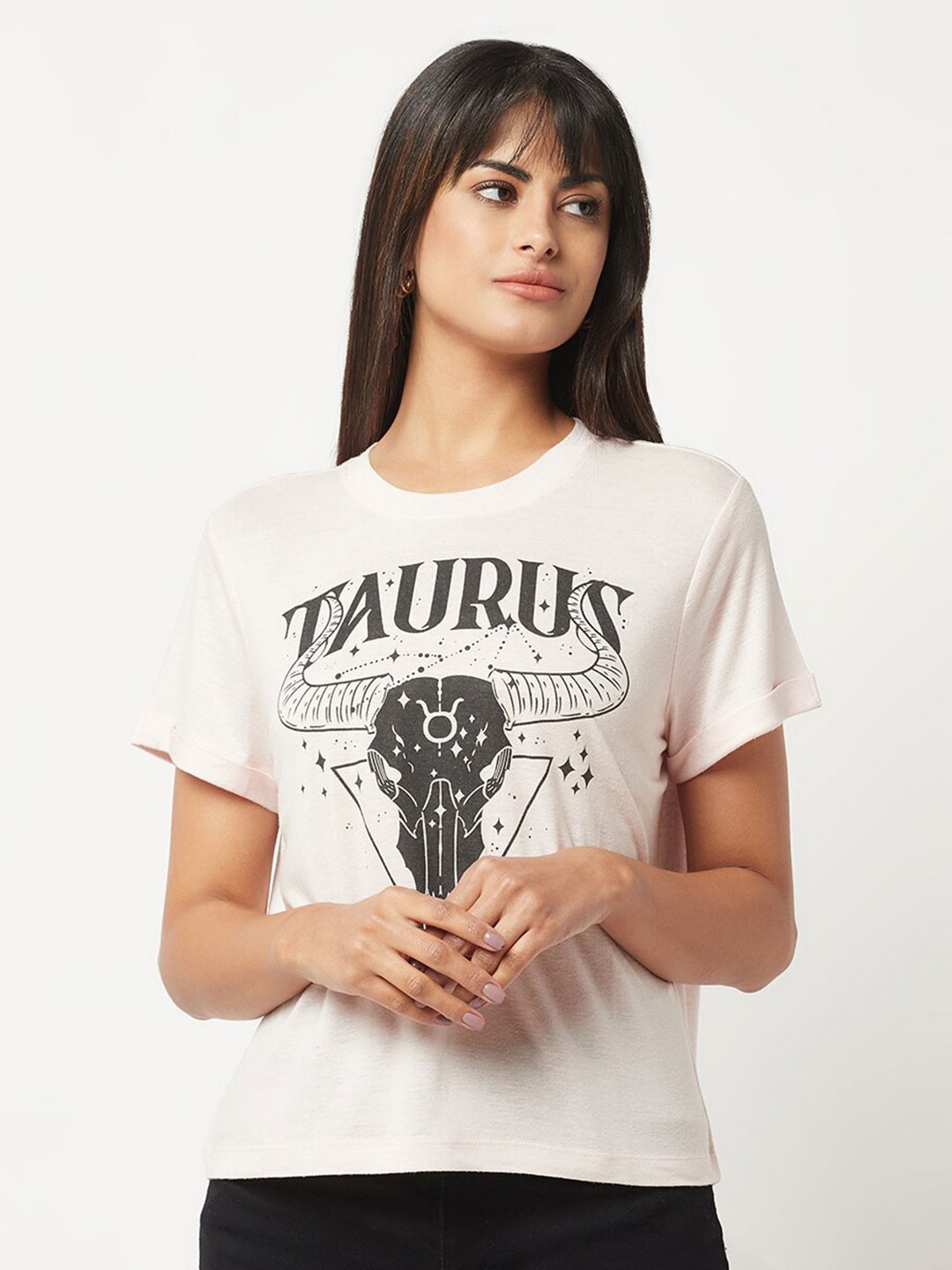

HOUSE OF S Women Typography Printed Loose Cotton T-shirt, Off white