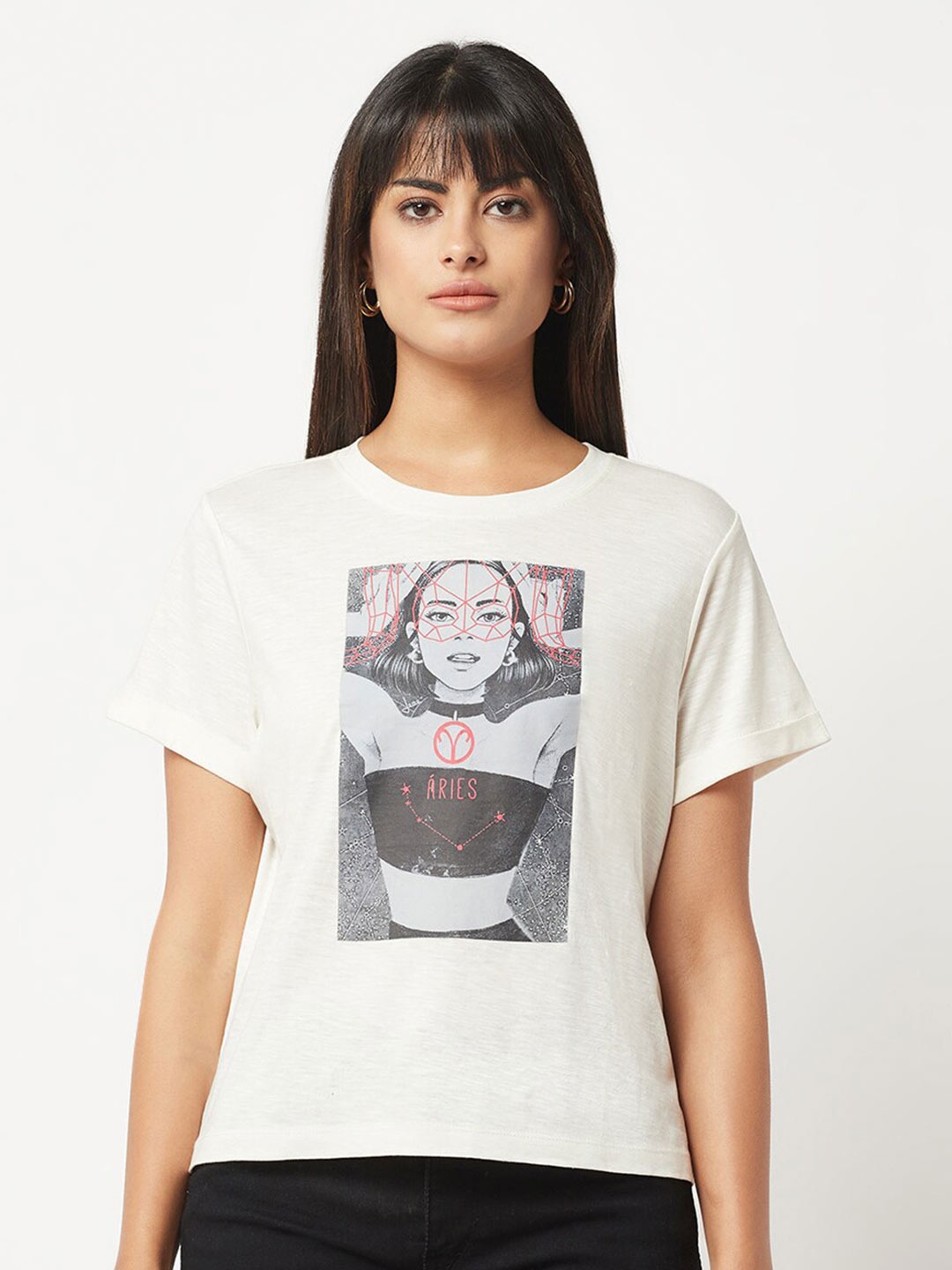 

HOUSE OF S Women Printed Cotton Loose Fit T-shirt, Grey melange
