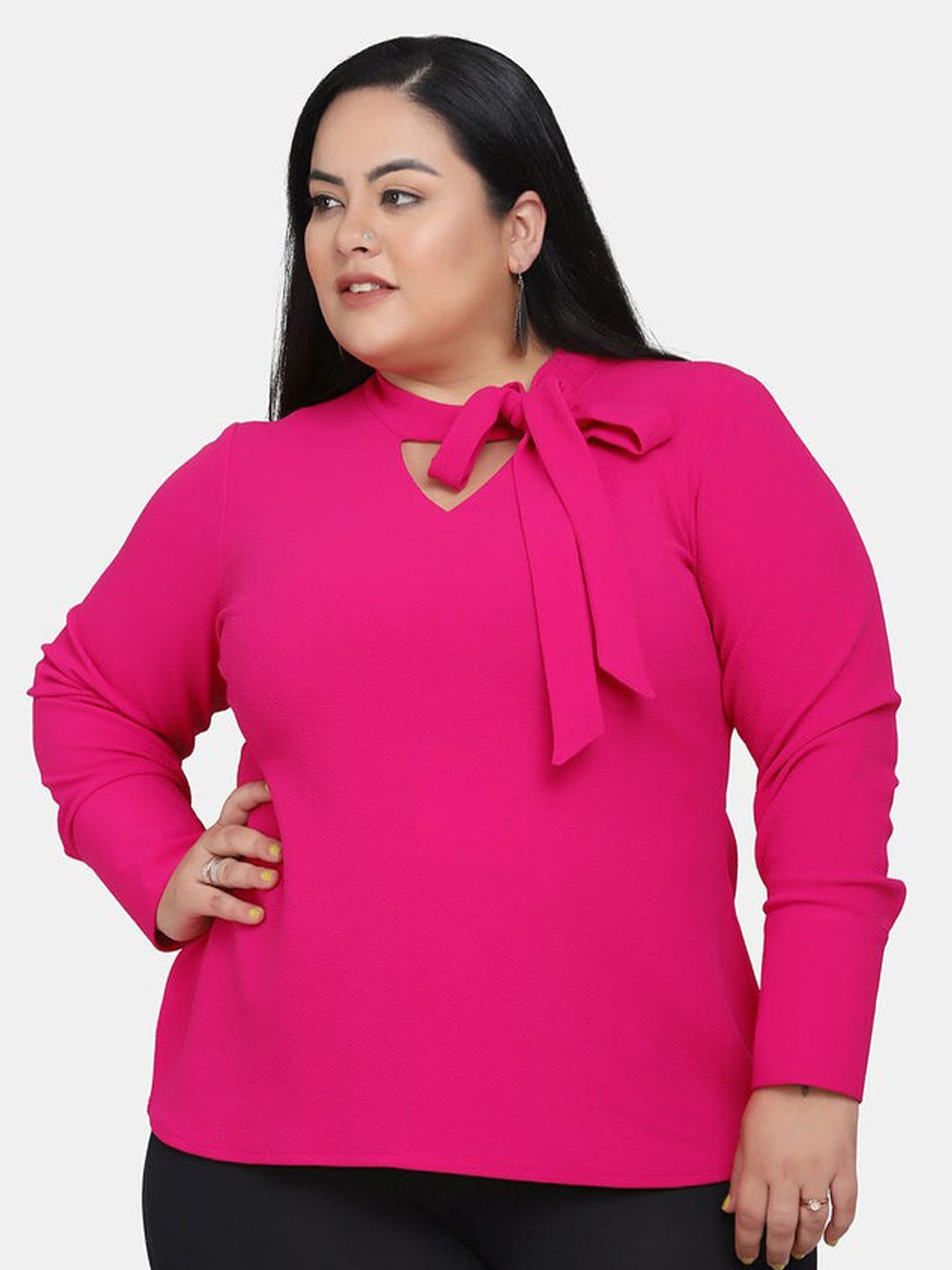 

PowerSutra Plus Size Tie-Up Neck Regular Top, Pink
