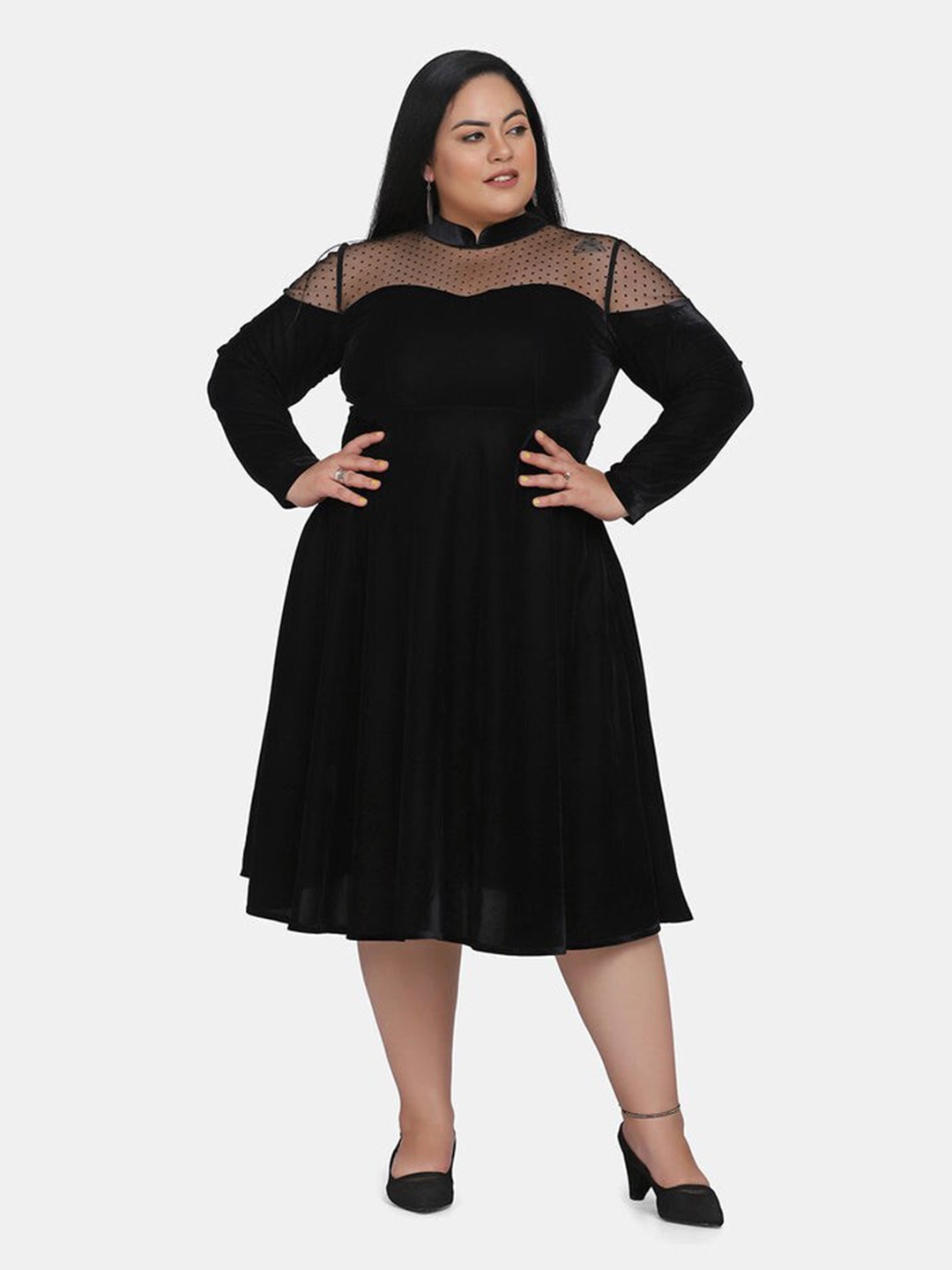 

PowerSutra Plus Size Mandarin Collar A-Line Midi Dress, Black