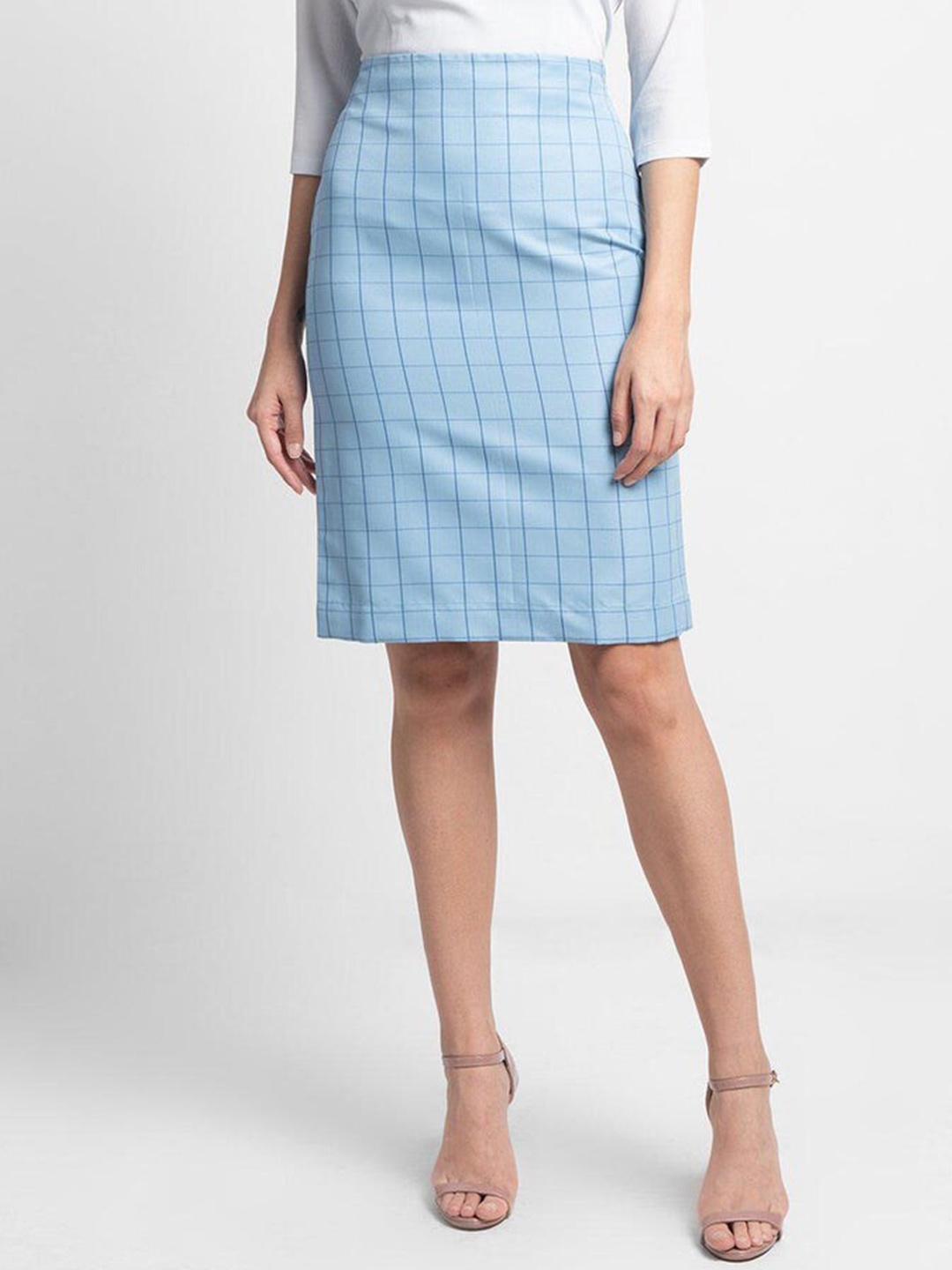 

PowerSutra Checked Straight Knee Length Skirt, Blue