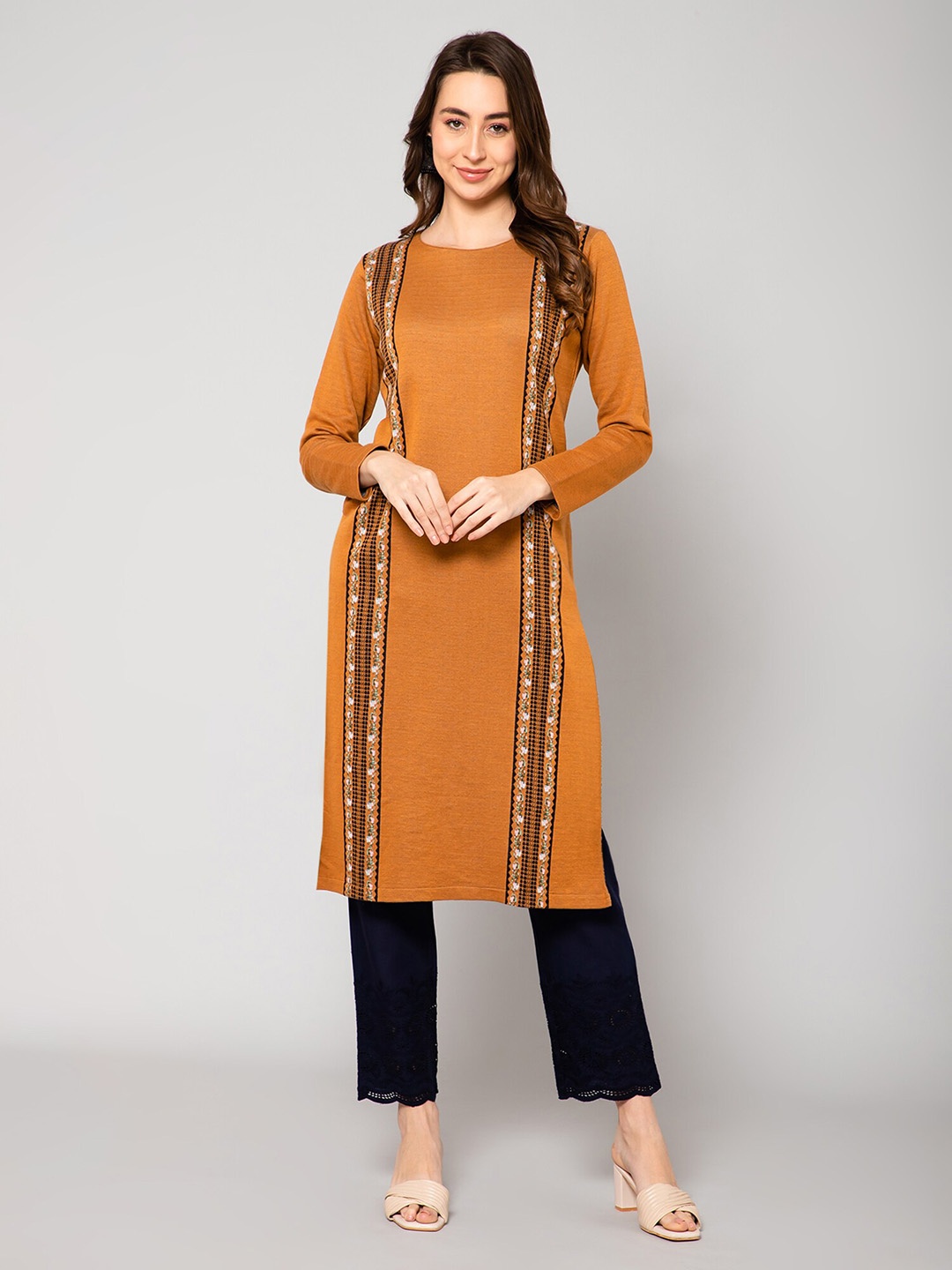 

Cantabil Women Striped Printed Straight Kurta, Rust