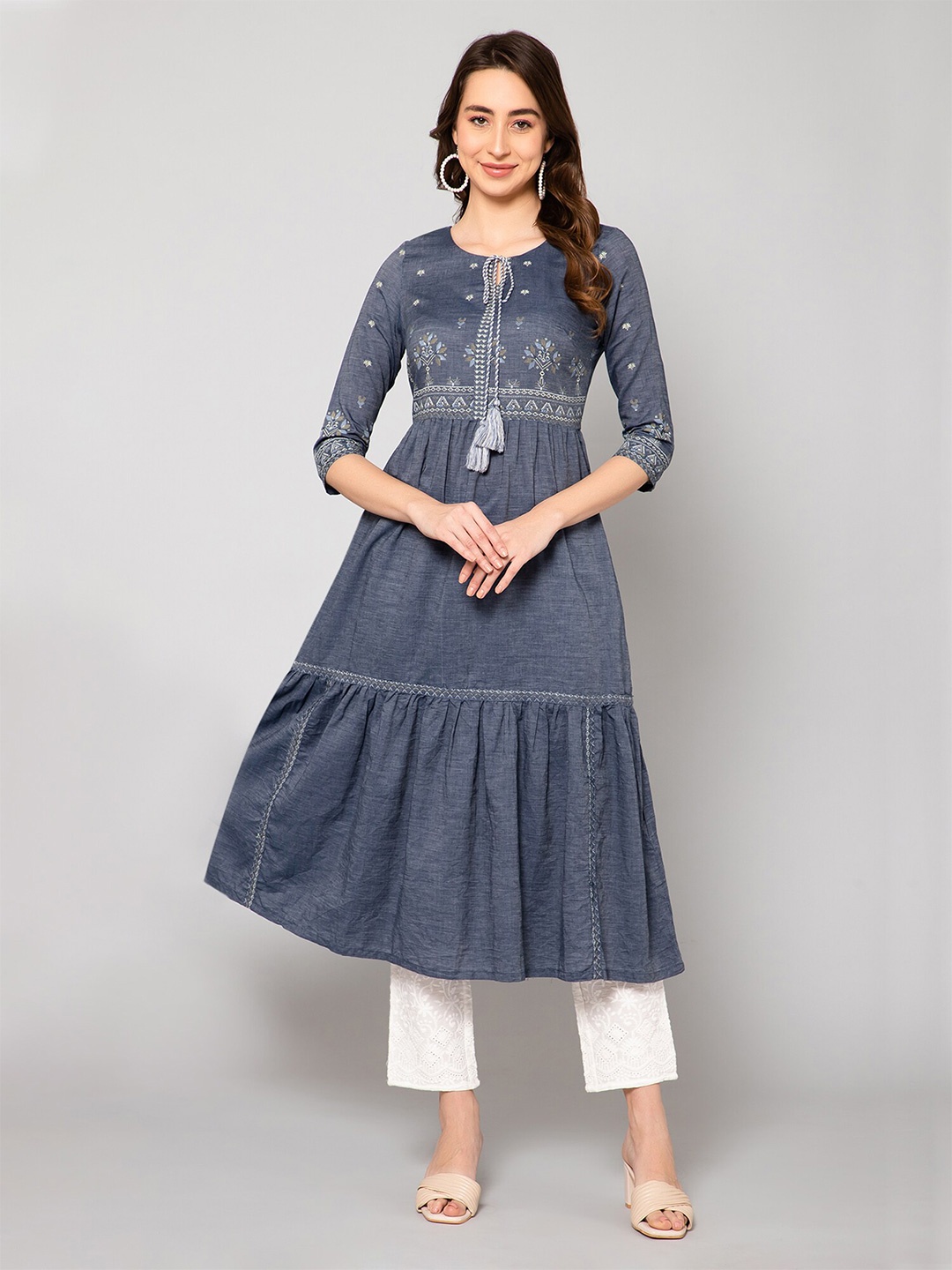 

Cantabil Women Ethnic Motifs Printed Pure Cotton Anarkali Kurta, Blue