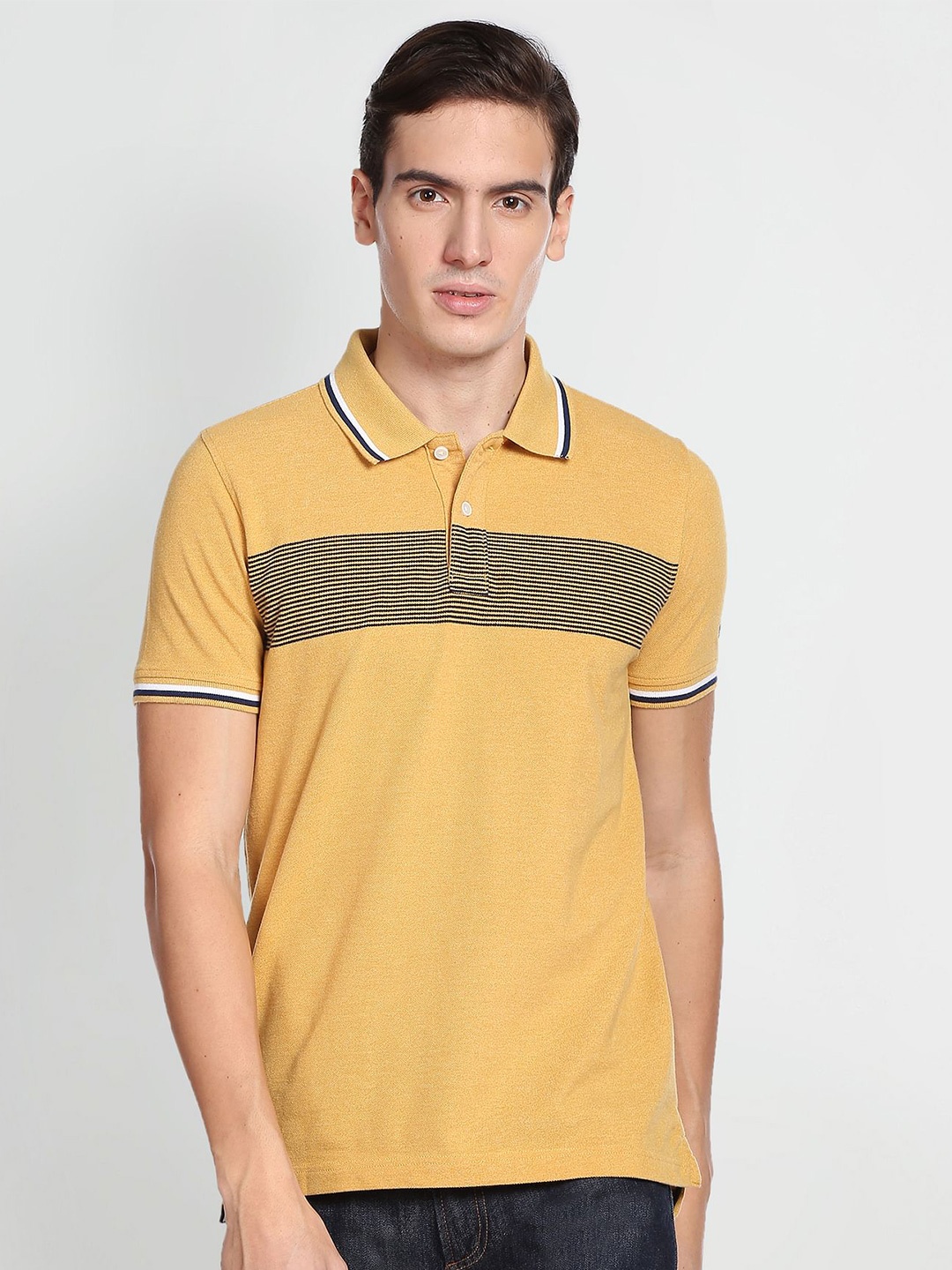 

Arrow Sport Men Striped Printed Polo Collar T-shirt, Yellow