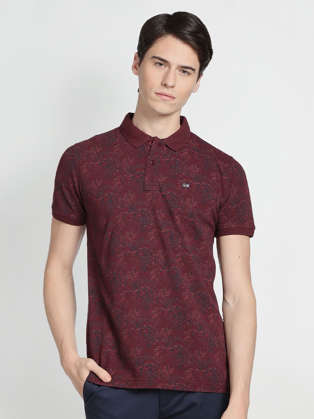 Arrow Sport Men Floral Printed Pure Cotton T-shirt, Burgundy