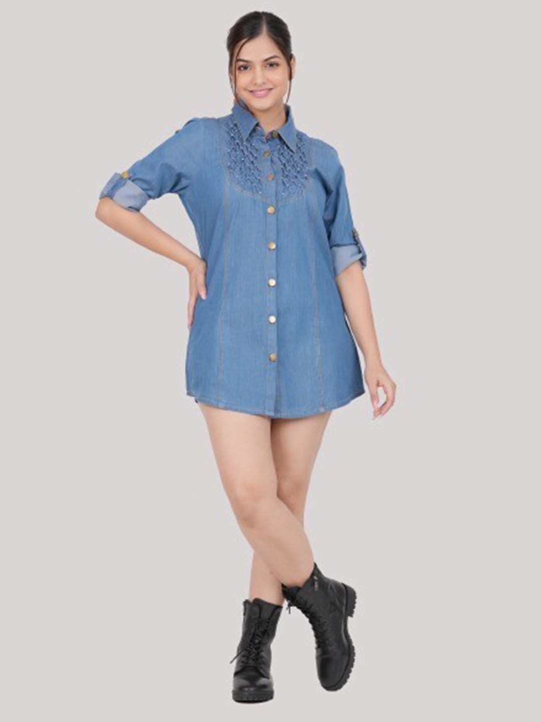 

SUMAVI-FASHION Women Spread Collar Cotton Casual Shirt, Blue