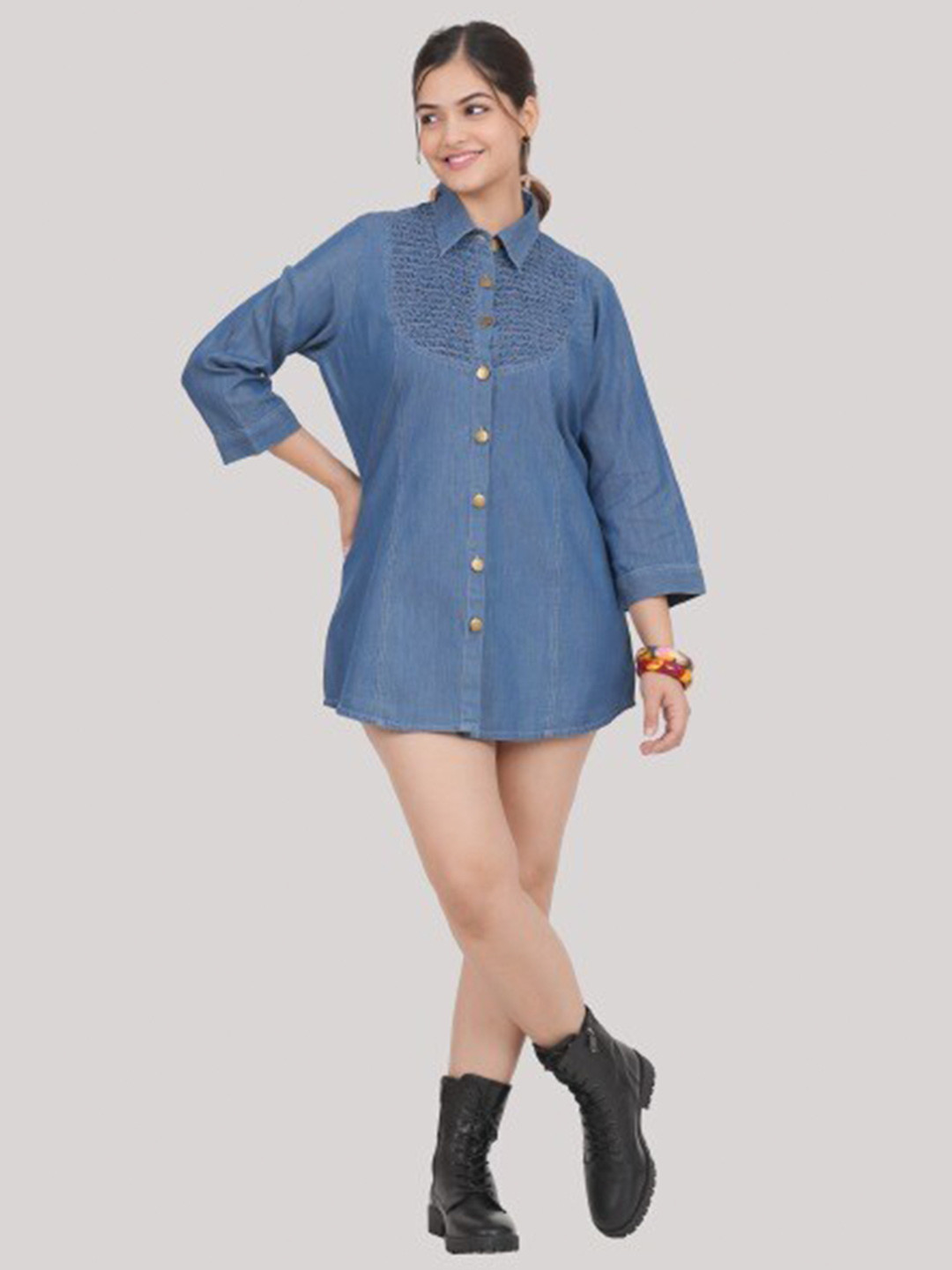 

SUMAVI-FASHION Women Cotton Shirt with Mmocked Detail, Blue