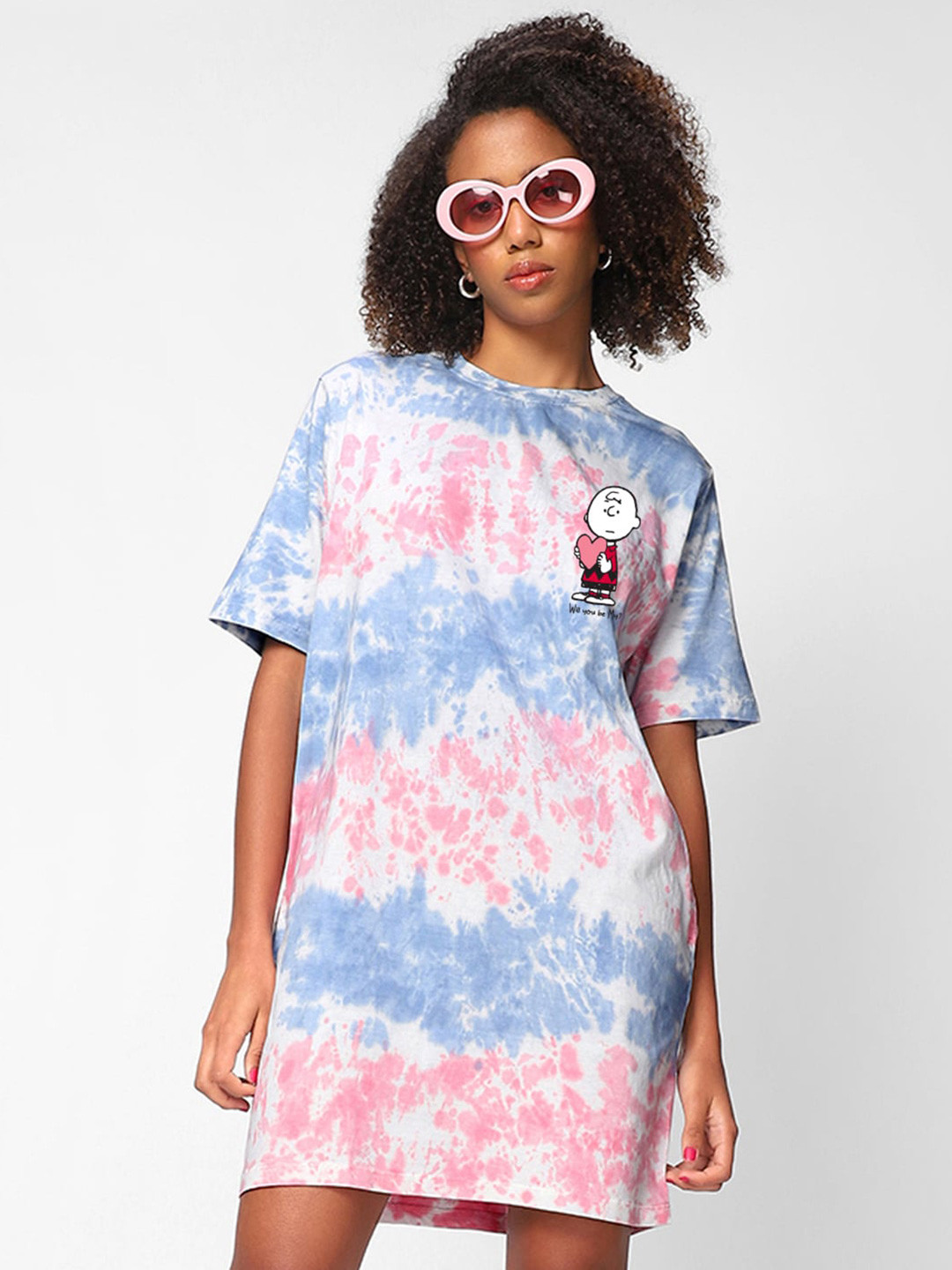 

Bewakoof Tie & Dye Cotton Loose Fit T-shirt Dress, Blue