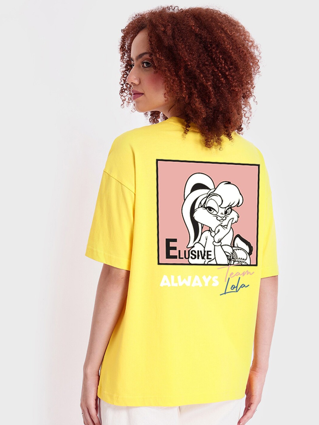 

Bewakoof Women Team LOLA Graphic Printed Oversized Pure Cotton T-shirt, Yellow