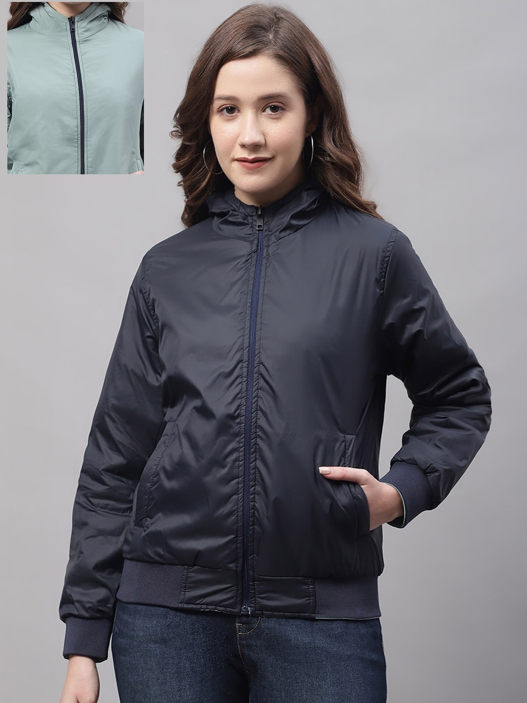 

Cantabil Women Reversible Bomber Jacket, Green