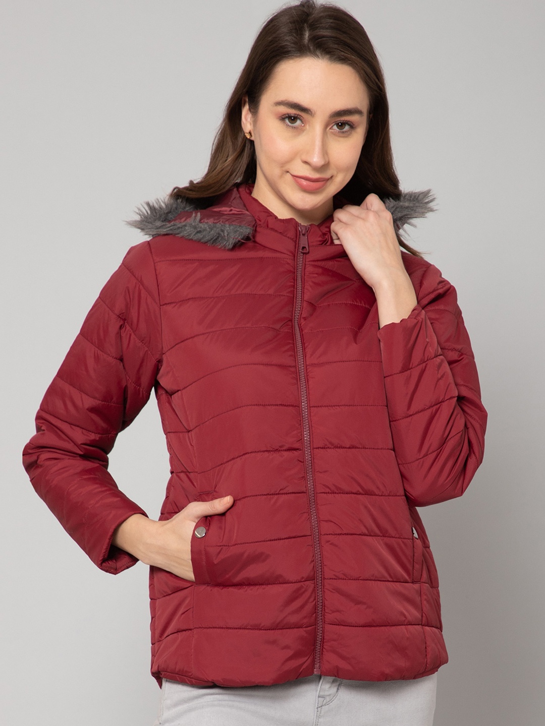 

Cantabil Women Lightweight Padded Jacket With Fur Details, Maroon