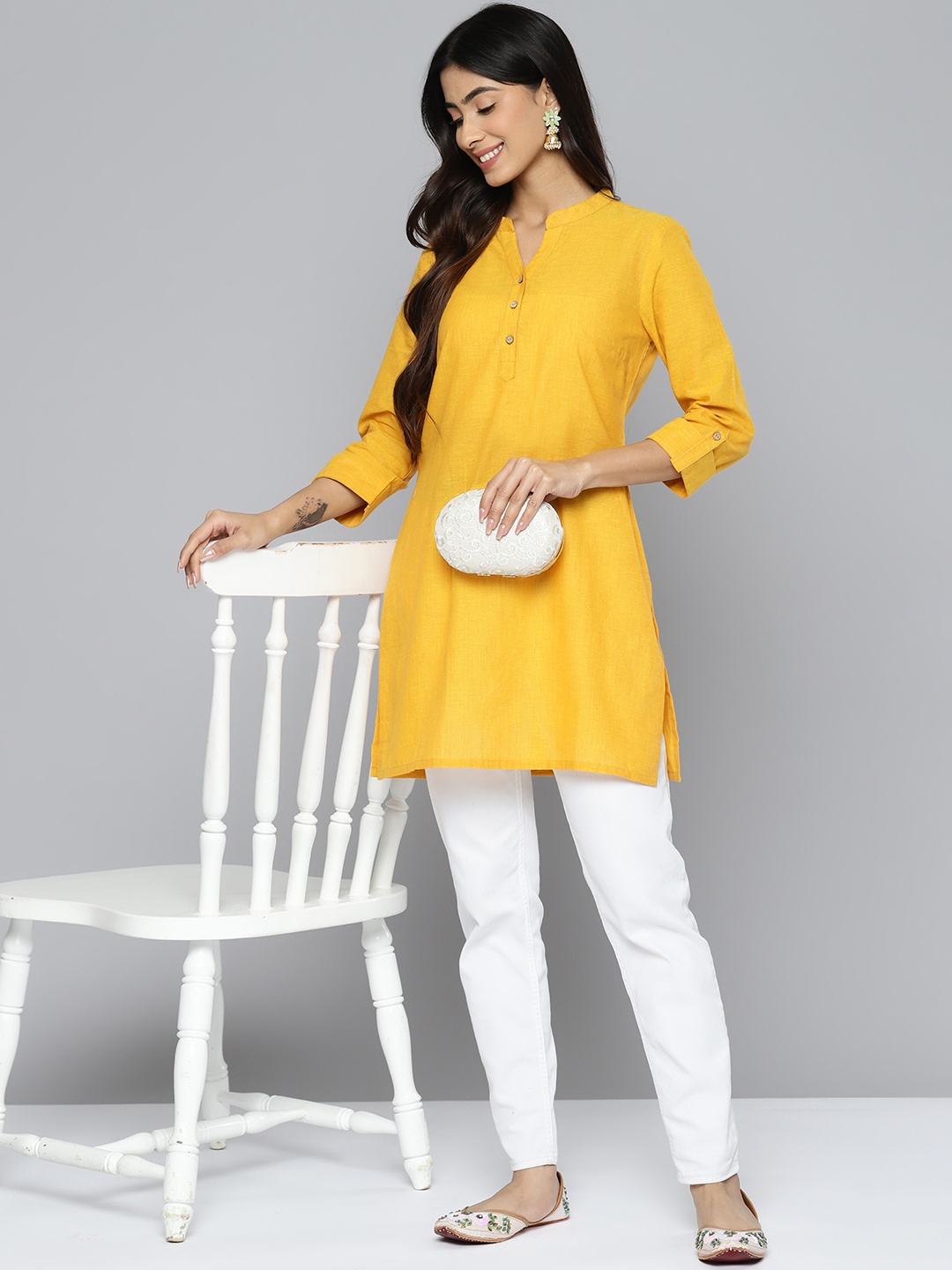 

HERE&NOW Pure Cotton Roll-Up Sleeves Straight Kurti, Yellow