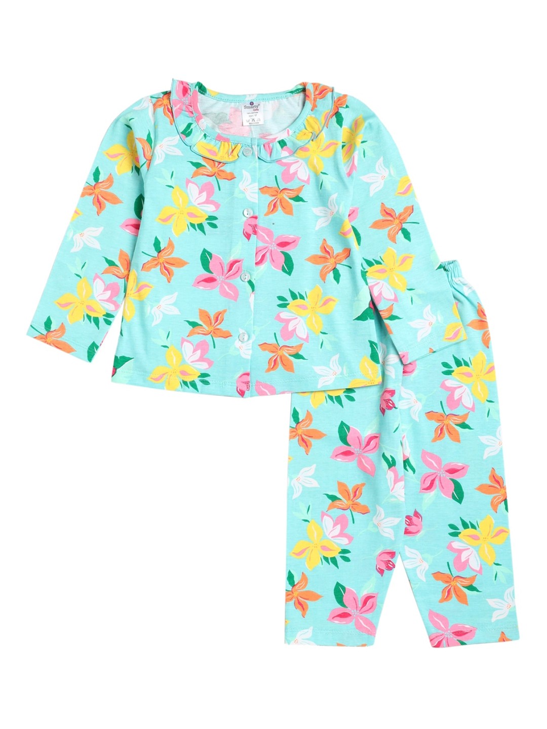 

Smarty Girls Floral Printed Pure Cotton Night Suit, Turquoise blue