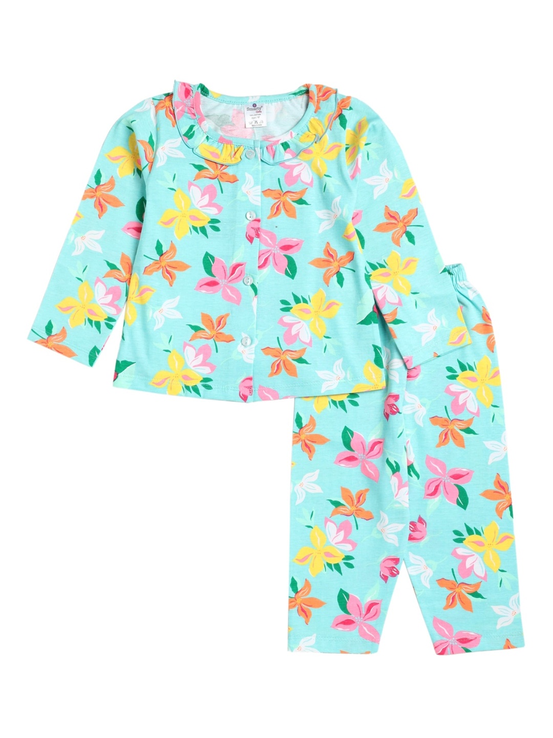 

Smarty Girls Floral Printed Pure Cotton Night Suit, Turquoise blue