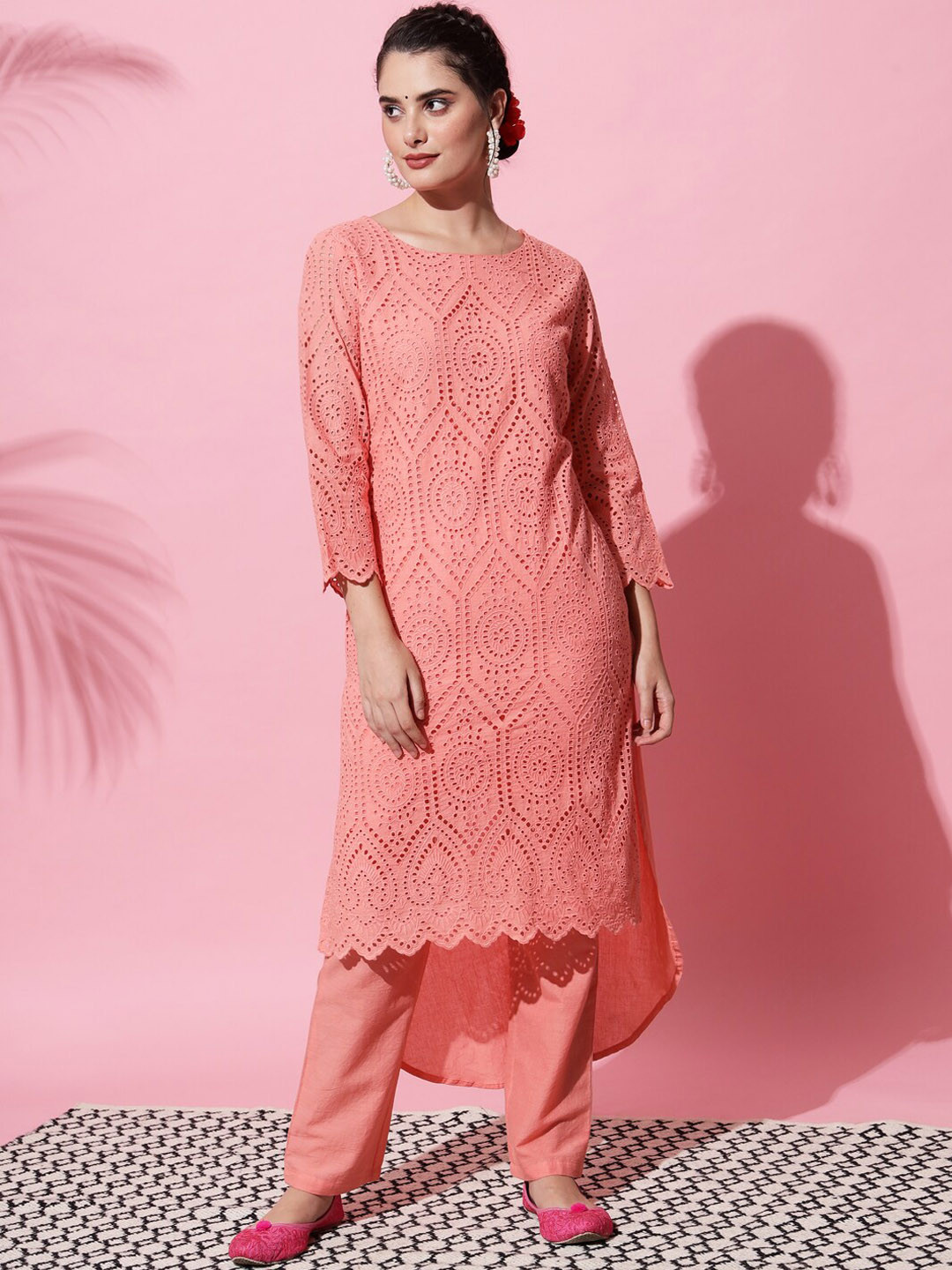 

AMIRAS INDIAN ETHNIC WEAR Women Schiffli Embroidered Pure Cotton Kurta with Trousers, Peach