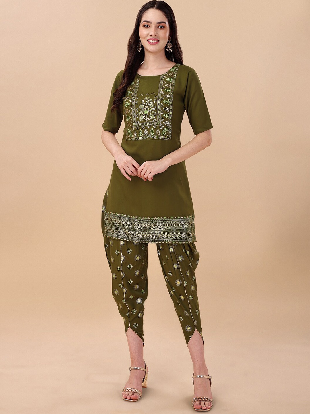 

GUFRINA Women Ethnic Motifs Printed Kurti with Dhoti Pants, Olive