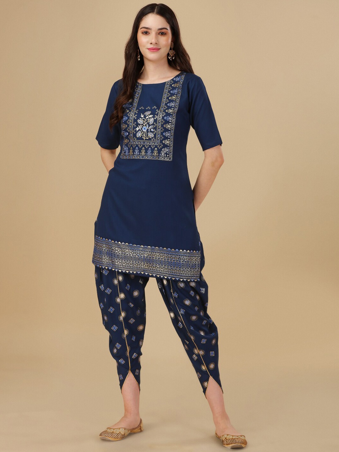 

GUFRINA Women Ethnic Motifs Printed Kurti with Dhoti Pants, Navy blue