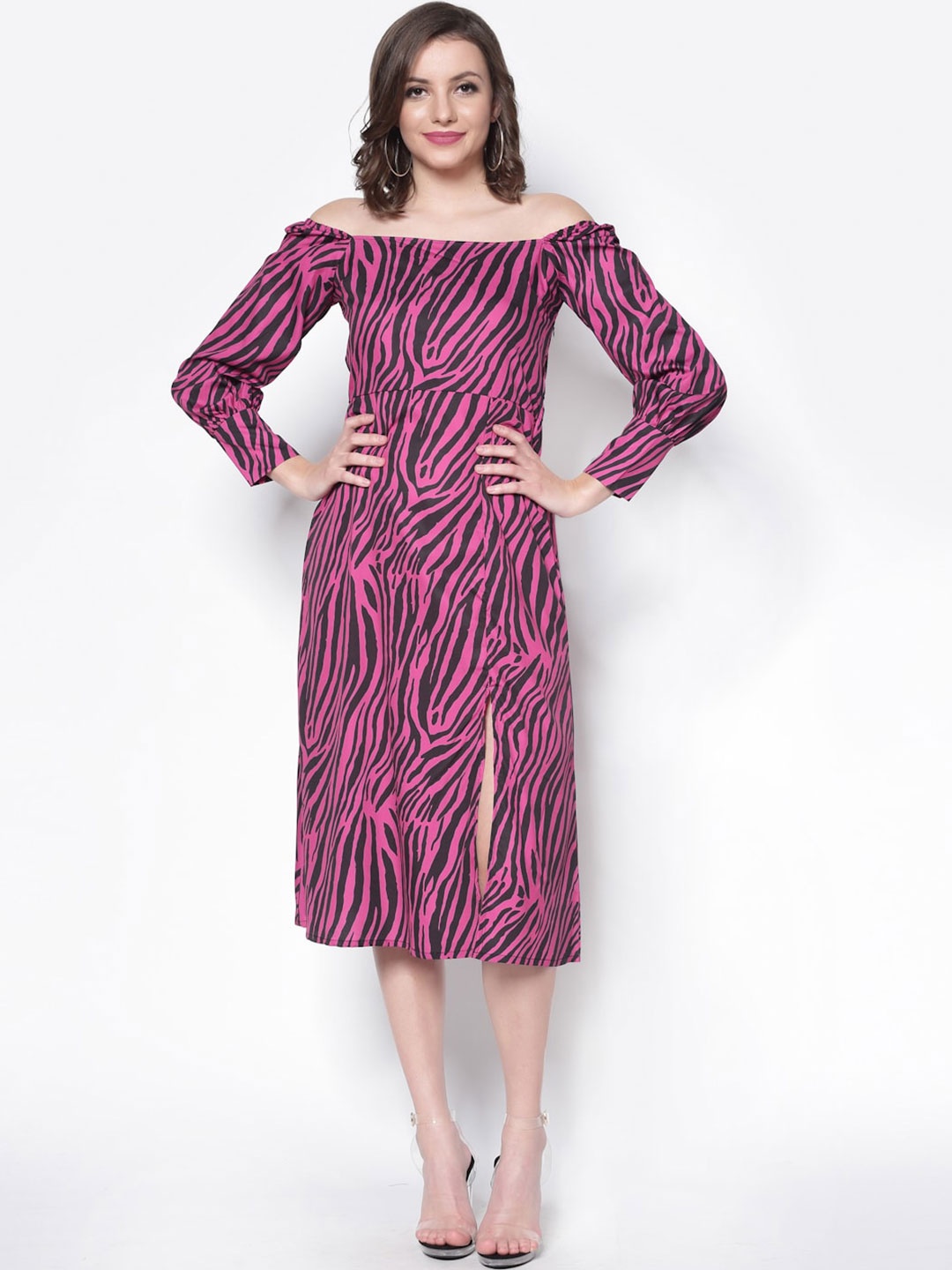 

Sera Off-Shoulder Printed A-Line Dress, Pink