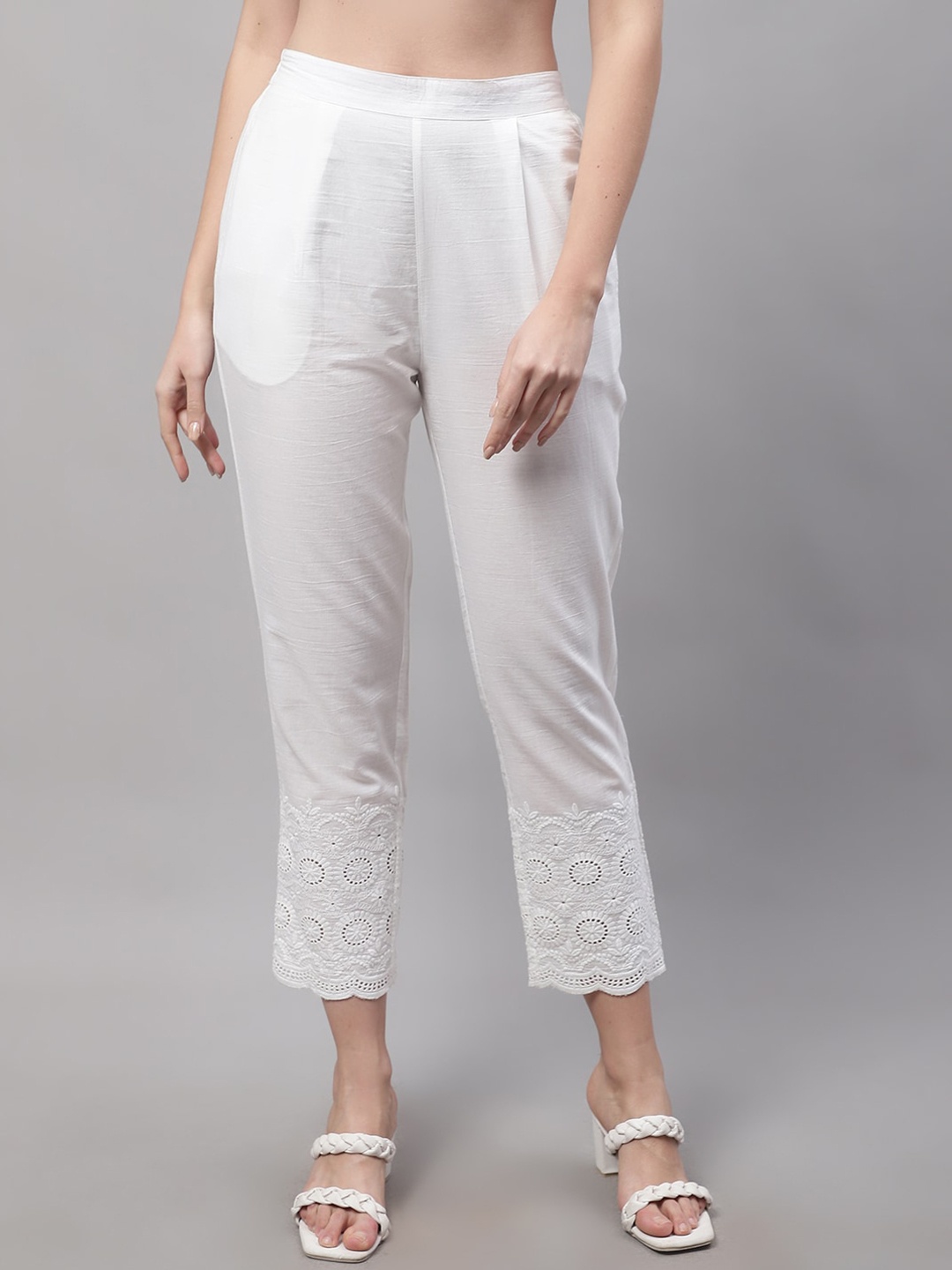 

Cantabil Women Mid-Rise Cotton Cigraette Trousers, White
