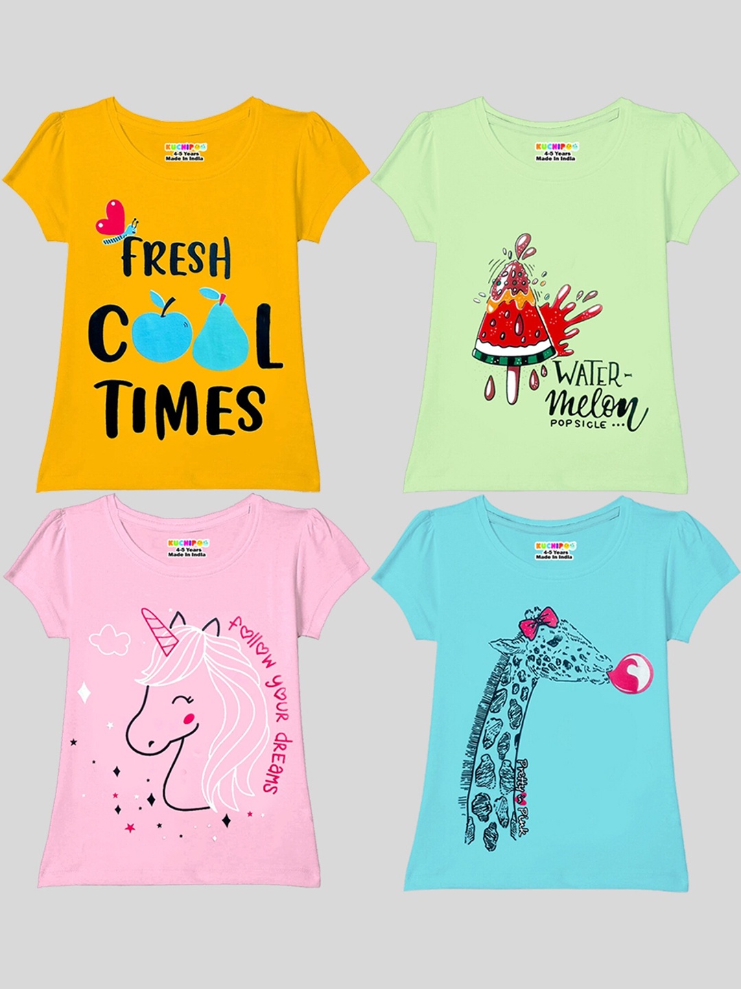

KUCHIPOO Girls Pack Of 4 Graphic Printed T-shirt, Mustard