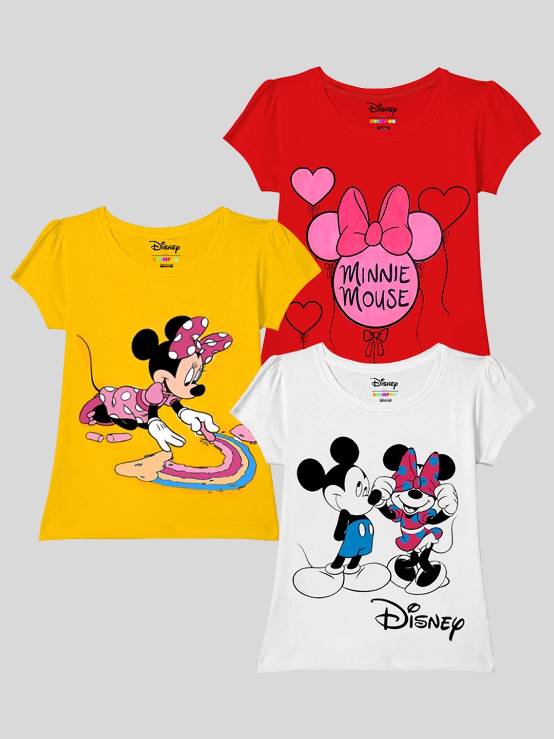 

KUCHIPOO Girls Pack Of 3 Minnie Mouse Printed T-shirt, White