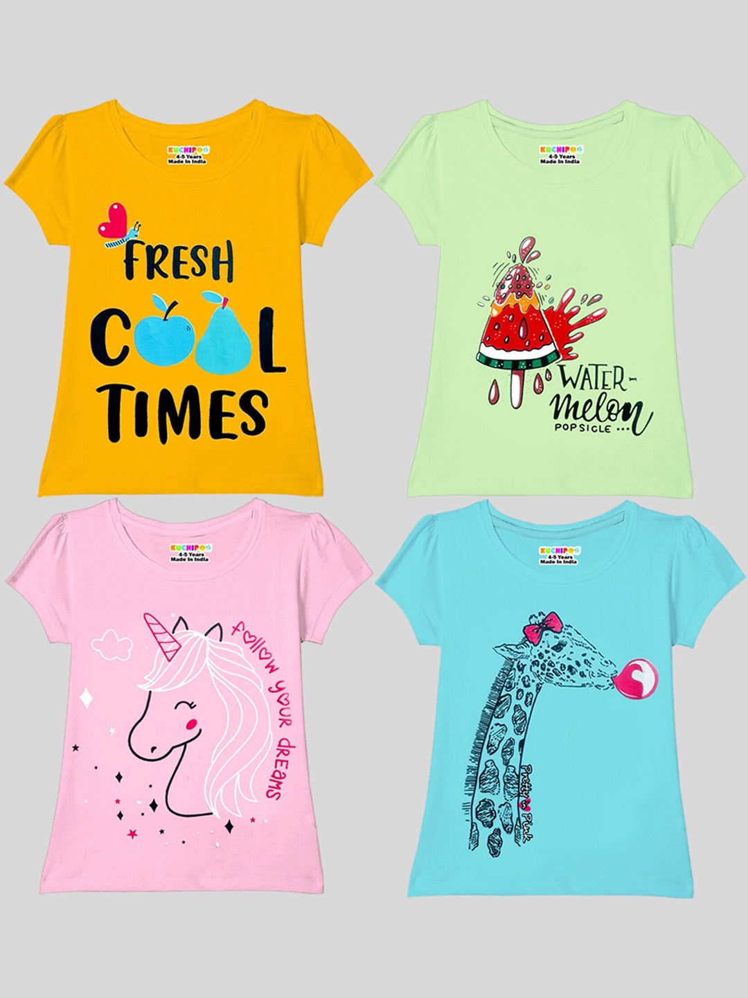 

KUCHIPOO Girls Pack Of 4 Graphic Printed T-shirt, Mustard
