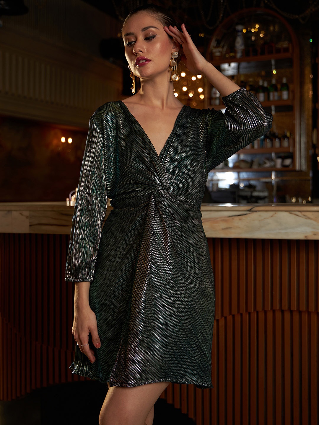 

Athena Embellished Puff Sleeves Sheath Wrap Dress, Green
