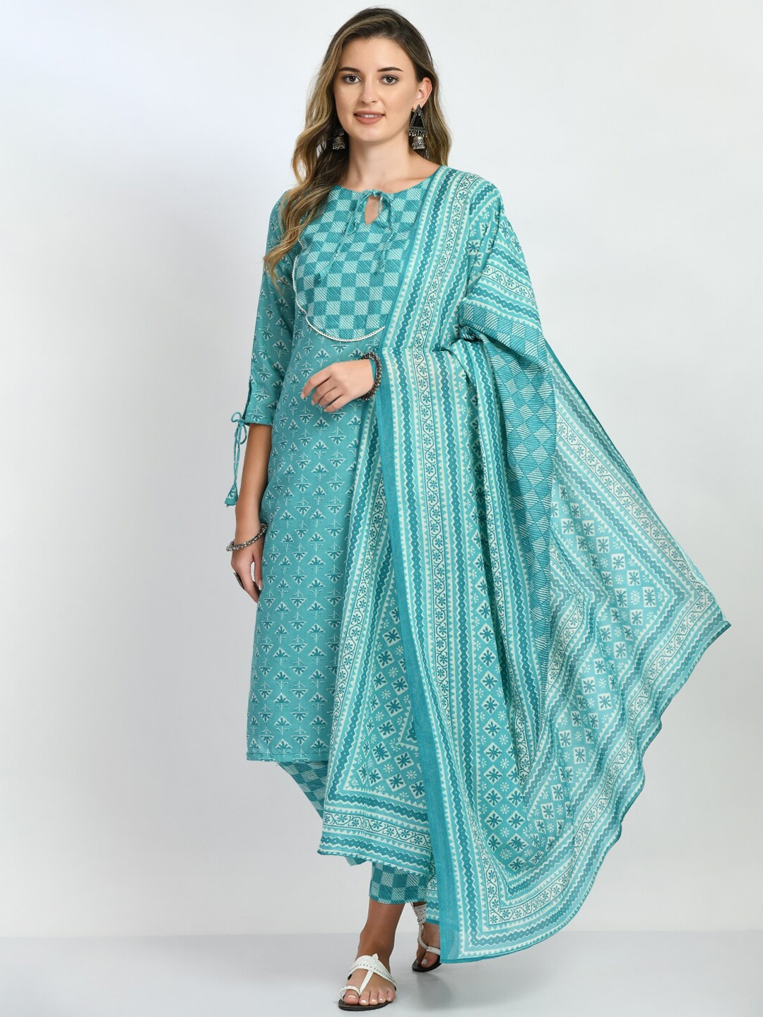 

Akshatani Women Floral Printed Pure Cotton Kurta with Trousers & Dupatta, Sea green