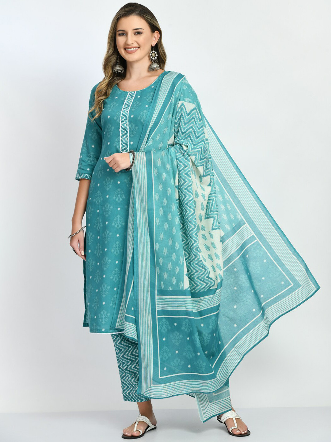 

Akshatani Women Ethnic Motifs Printed Pure Cotton Kurta with Trousers & Dupatta, Sea green
