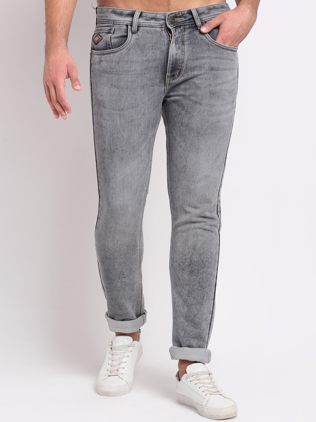 

LOUIS STITCH Men Slim Fit Heavy Fade Stretchable Cuffed Hem Jeans, Grey