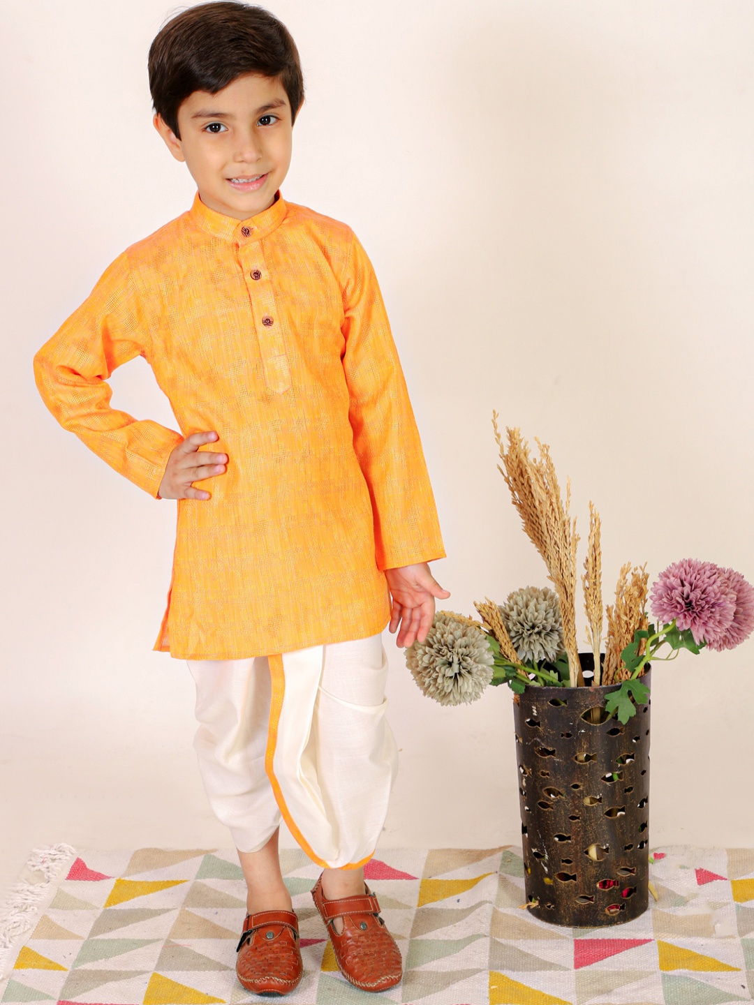 

Superminis Boys Woven Design Pure Cotton Kurta with Dhoti Pants, Orange