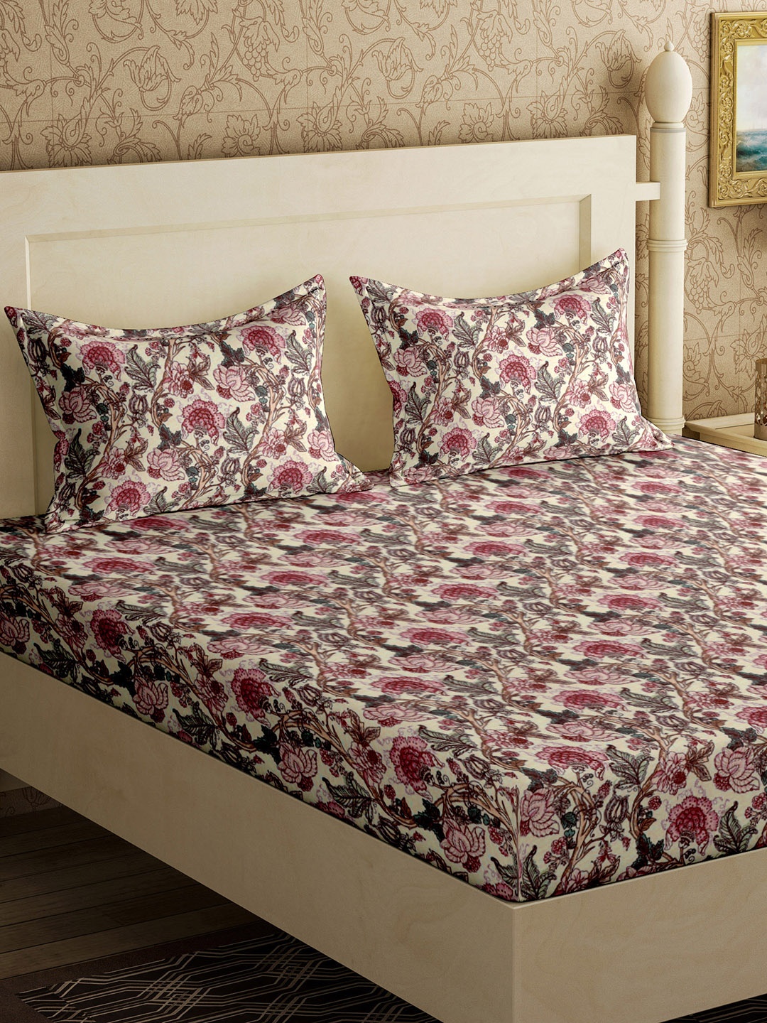 

BELLA CASA Classic Collection Grey & Pink 210 TC Flat Queen Bedsheet With 2 Pillow Covers