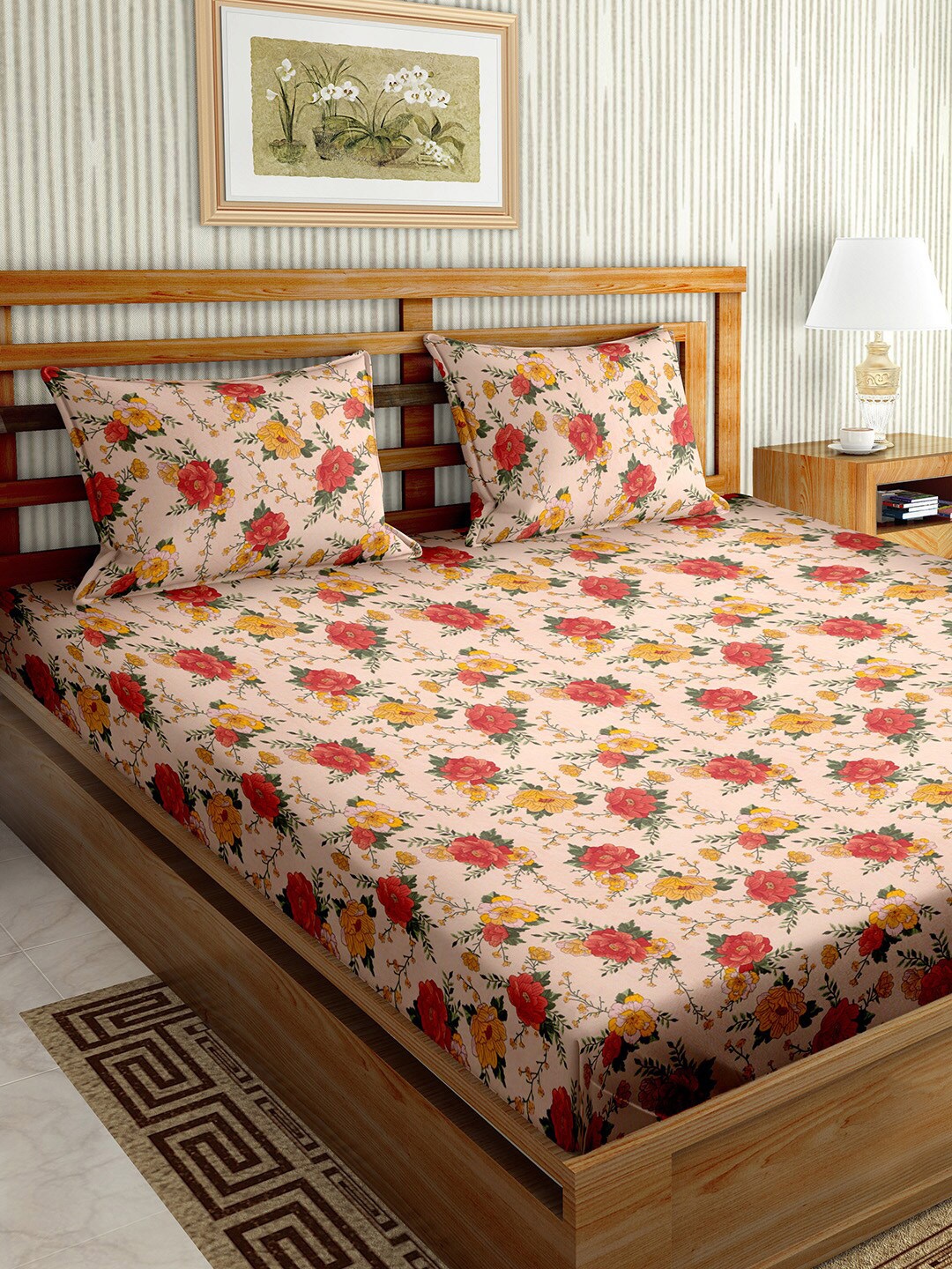 

BELLA CASA Classic Collection Peach-Coloured Fitted Queen Bedsheet & 2 Pillow Covers