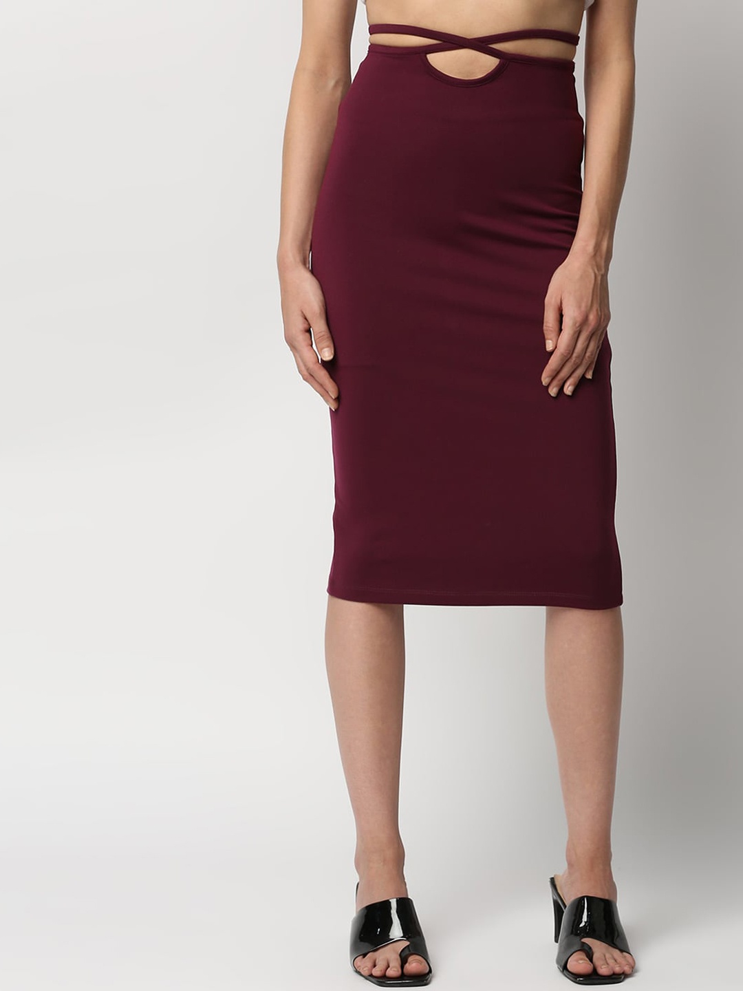 

Disrupt Tie-up String Knee-Length Stretchable Pencil Skirt, Purple
