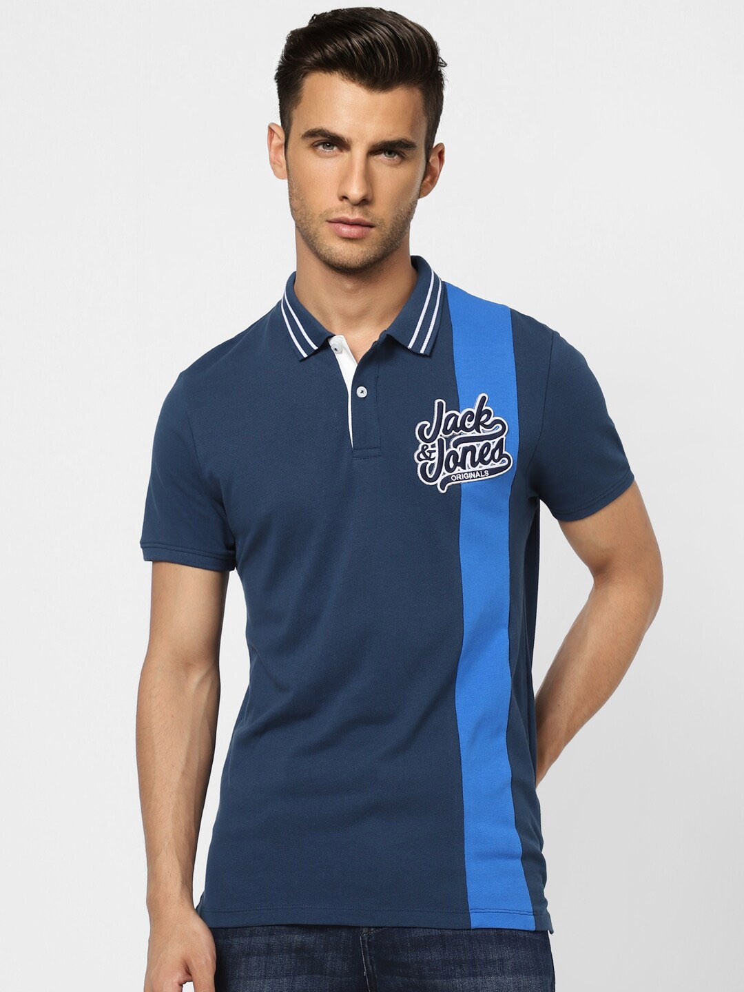 

Jack & Jones Men Colourblocked Polo Collar Cotton T-shirt, Blue