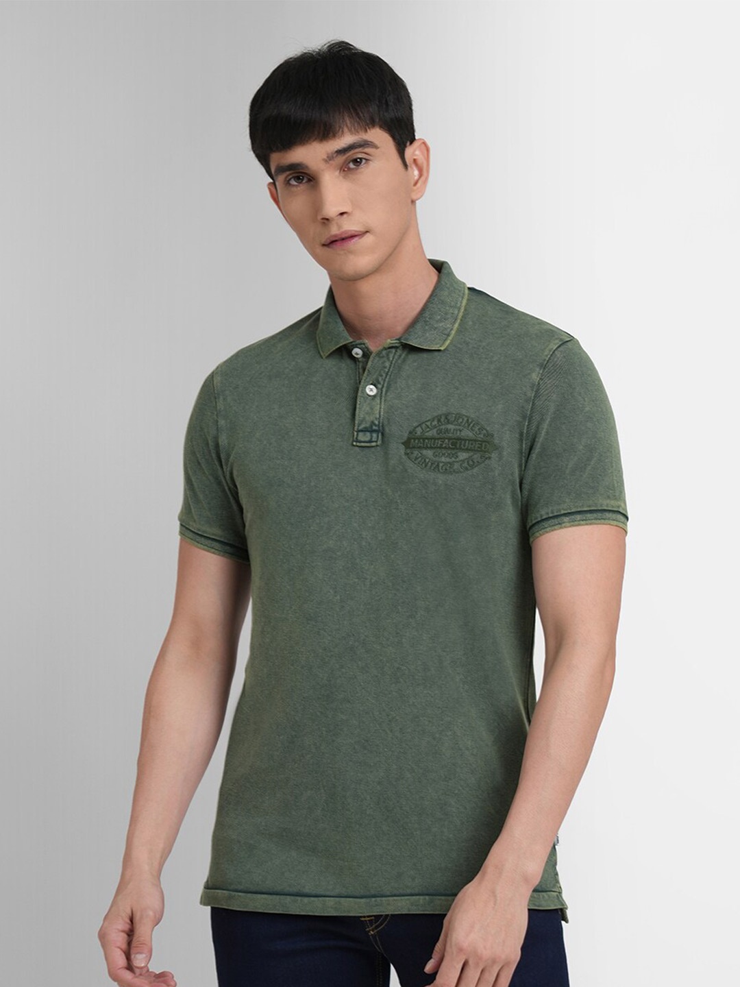 

Jack & Jones Men Brand Logo Polo Collar Cotton T-shirt, Green
