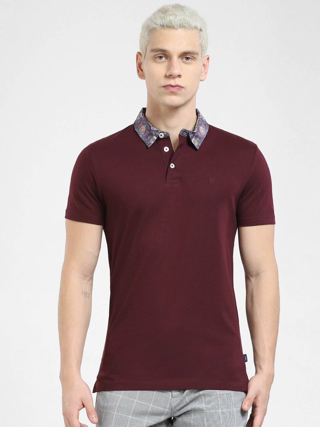 

Jack & Jones Men Polo Collar Slim Fit Cotton T-shirt, Maroon