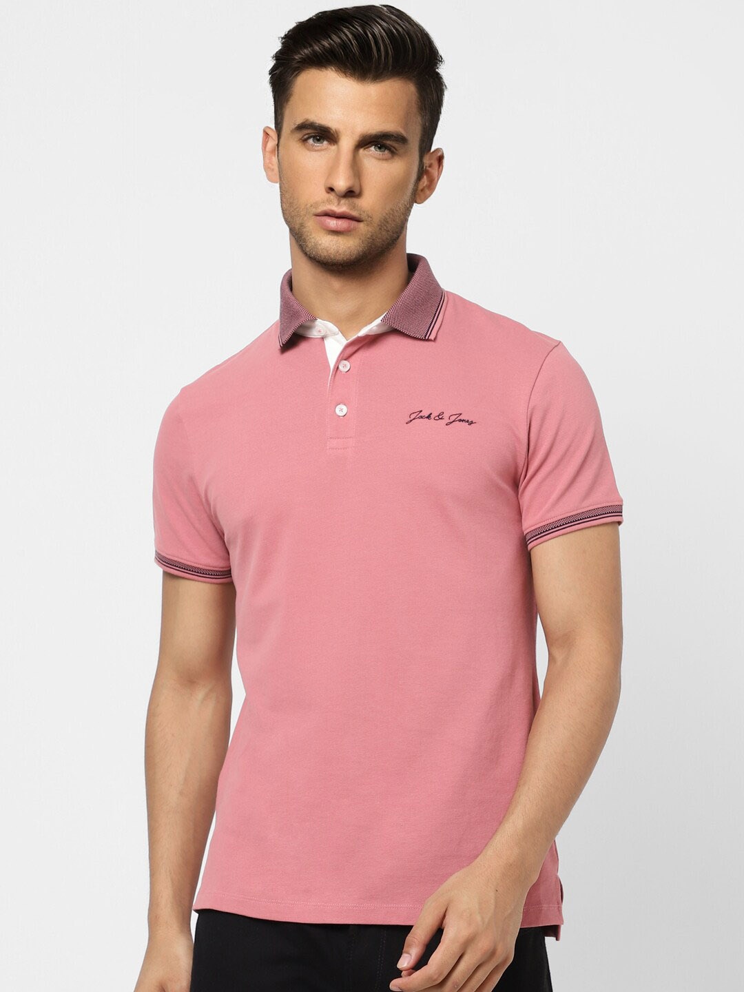 

Jack & Jones Men Polo Collar Cotton T-shirt, Pink