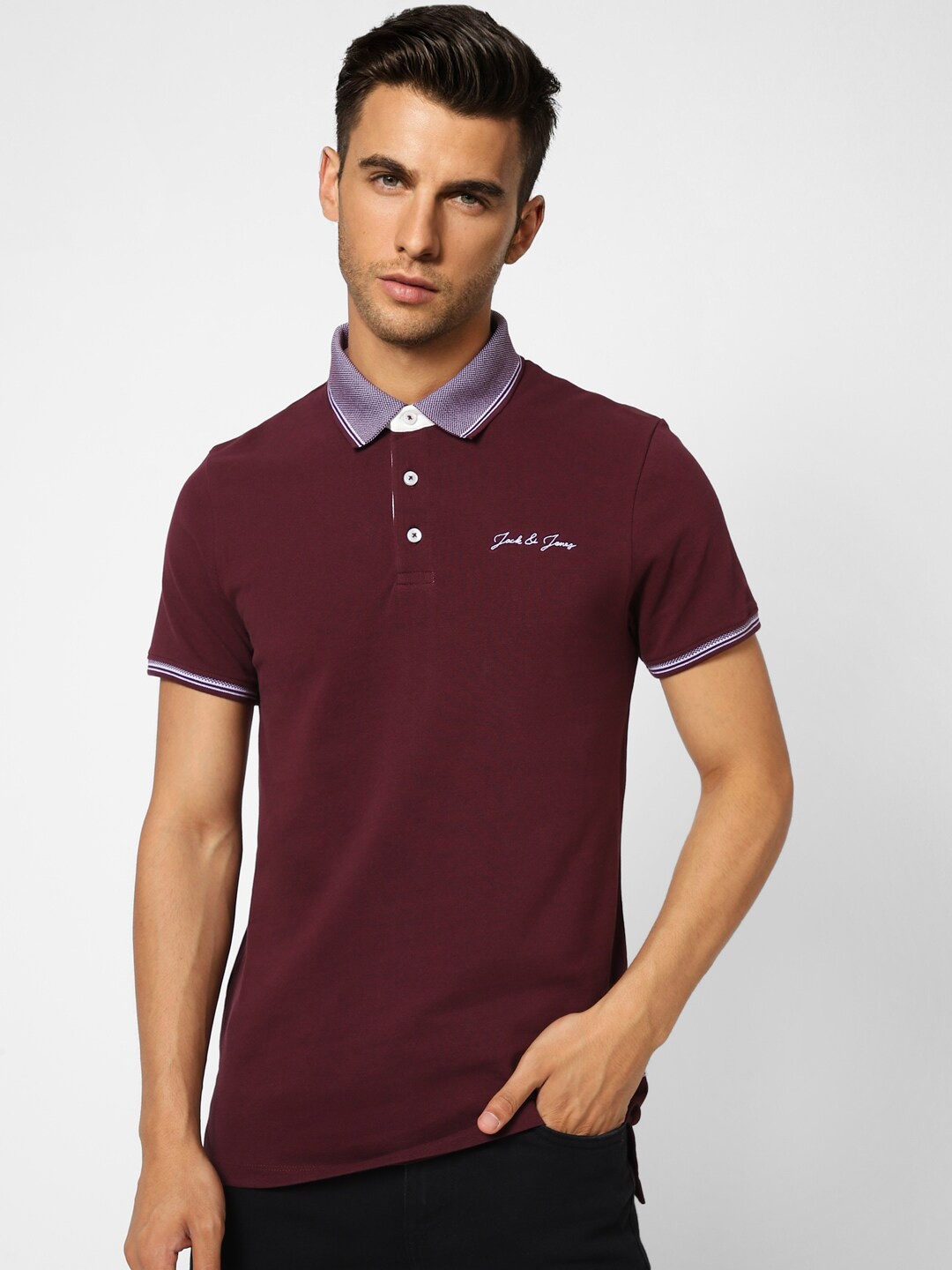 

Jack & Jones Men Polo Collar Slim Fit Cotton T-shirt, Maroon