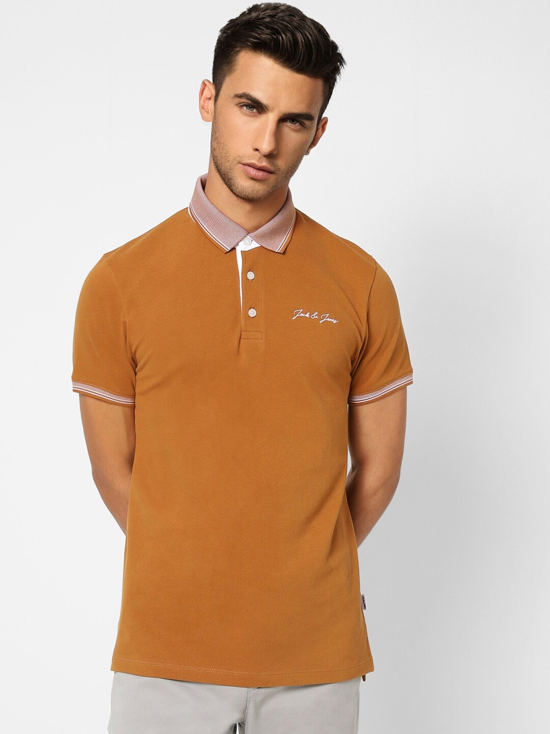 

Jack & Jones Men Polo Collar Cotton T-shirt, Brown