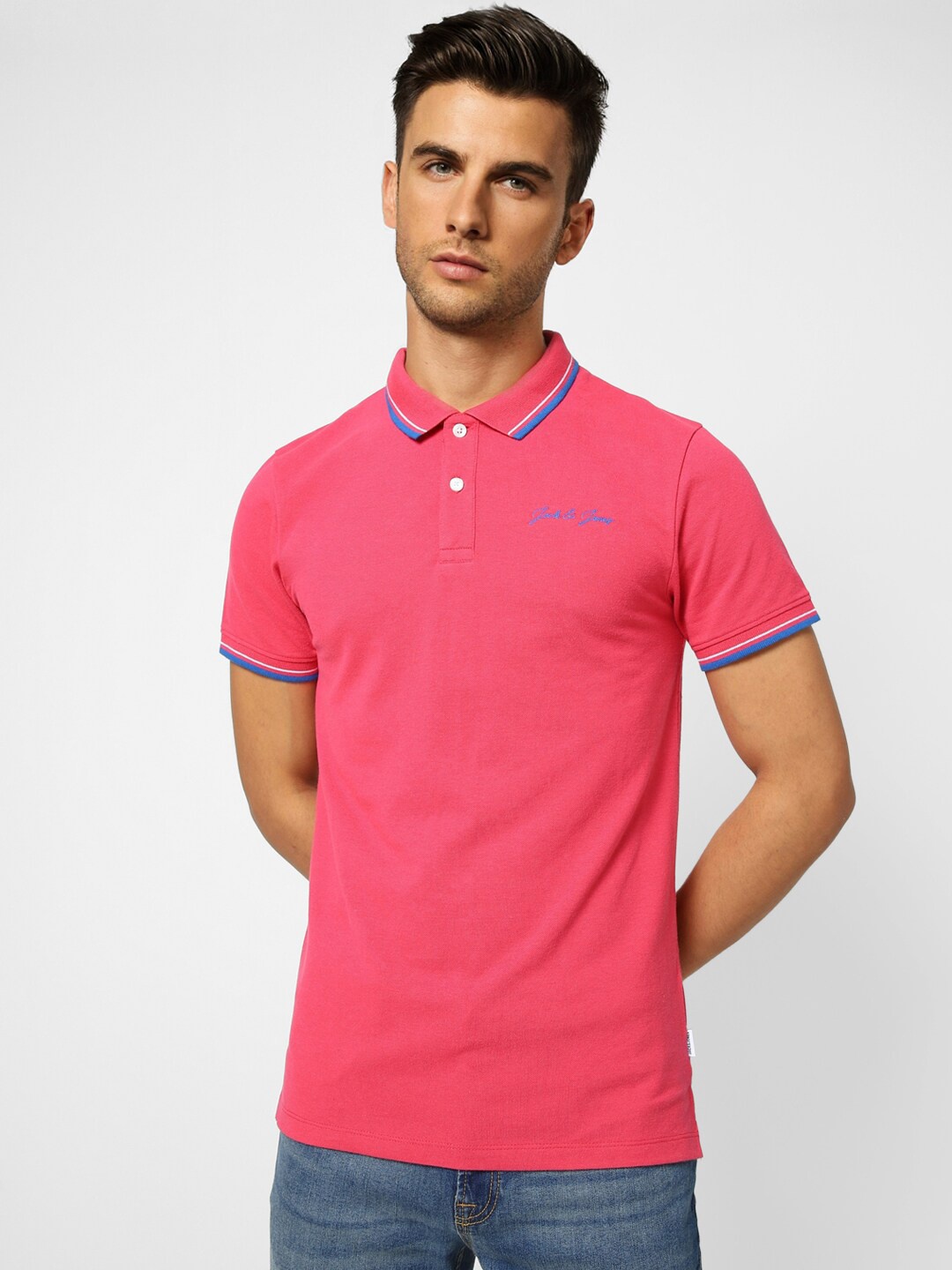 

Jack & Jones Men Polo Collar Neck Cotton T-shirt, Pink