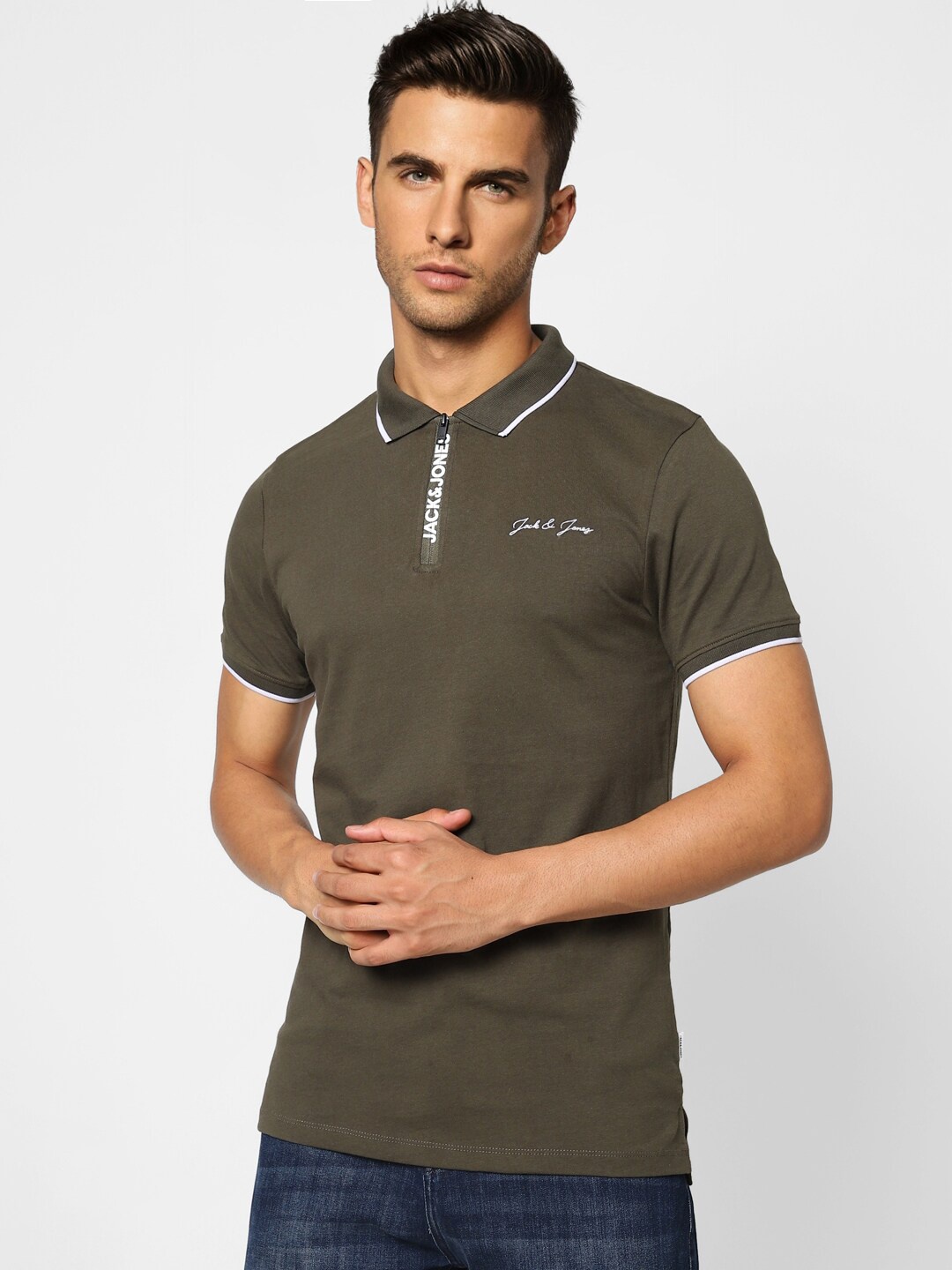 

Jack & Jones Men Polo Collar Cotton T-shirt, Olive
