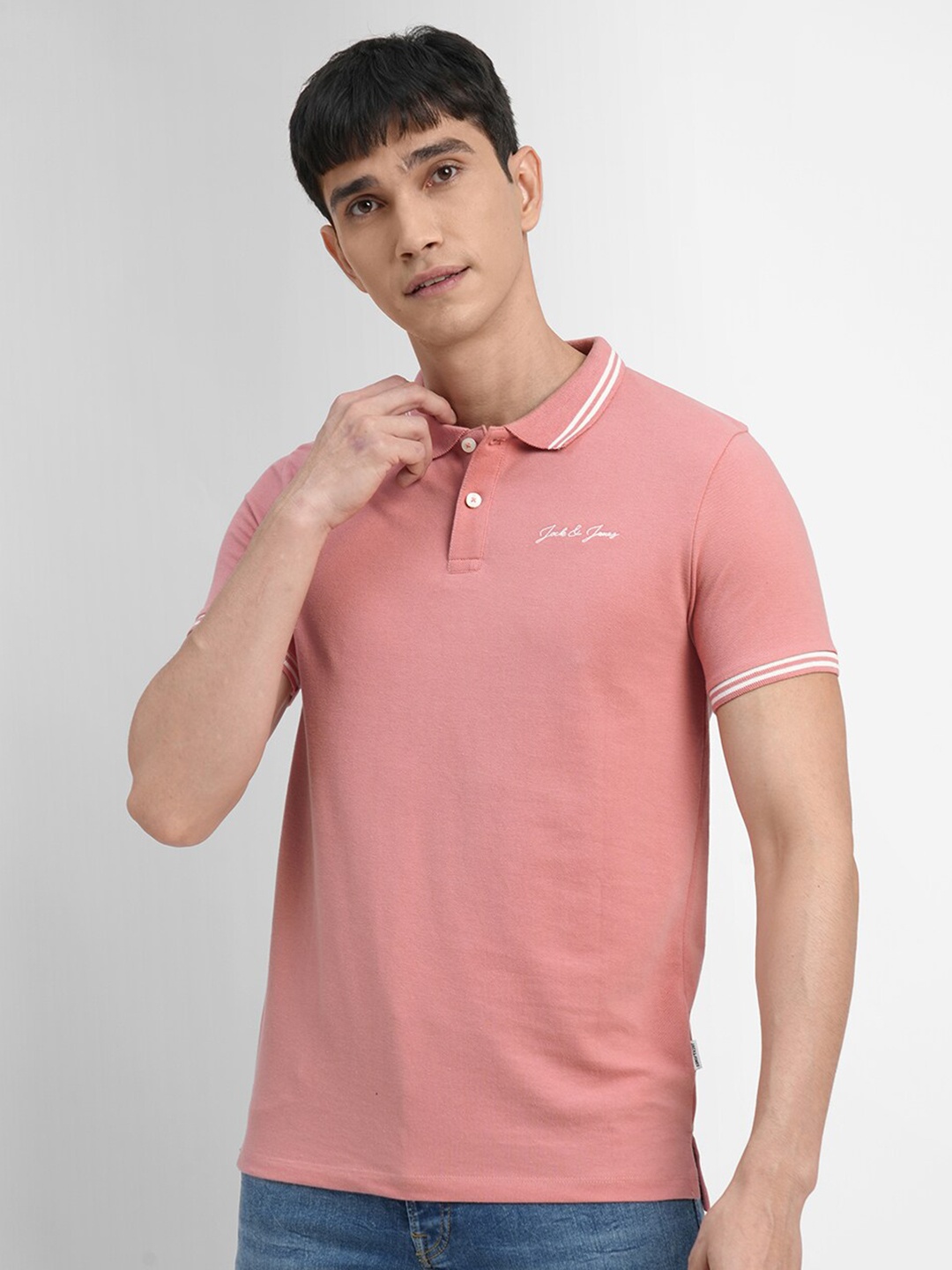 

Jack & Jones Men Polo Collar Cotton T-shirt, Pink