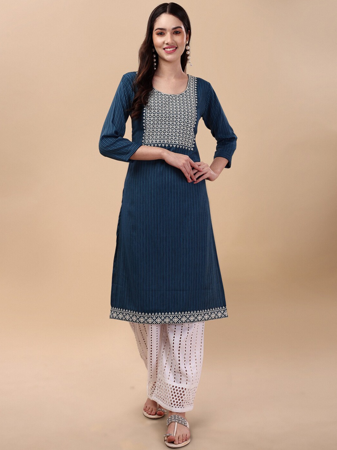 

GUFRINA Women Striped Sequined Straight Kurta with Palazzos, Navy blue