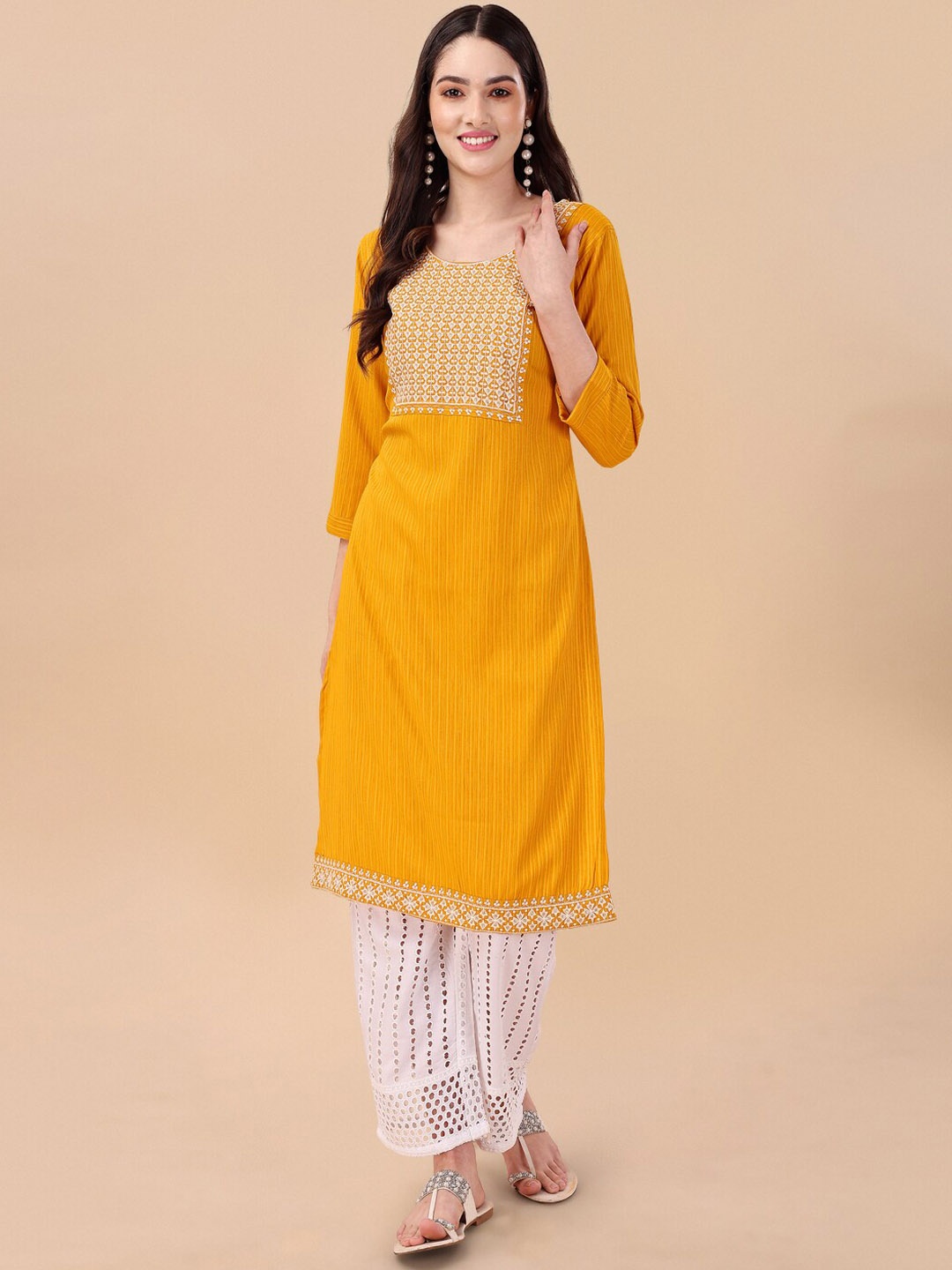 

GUFRINA Women Striped Thread Work Kurta with Palazzos, Mustard