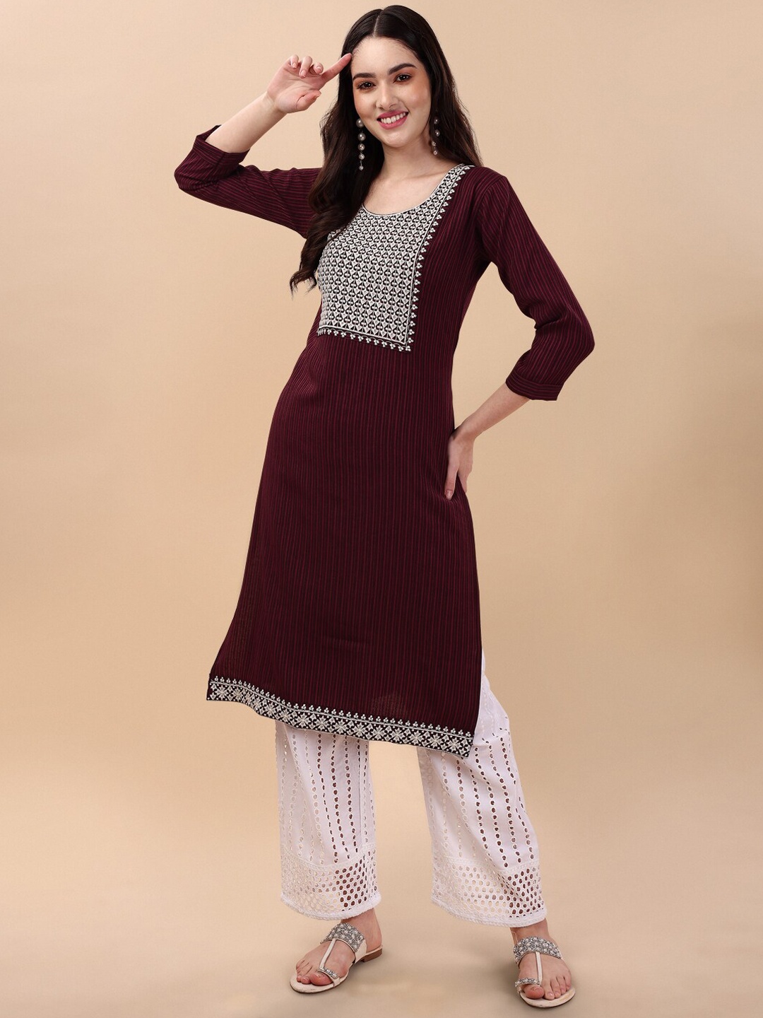 

GUFRINA Women Striped Sequined Straight Kurta with Palazzos, Burgundy