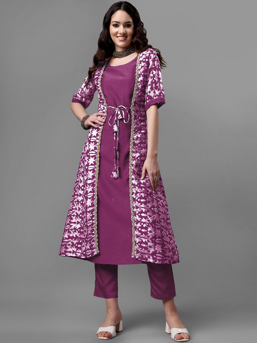 

KALINI Women Solid Chanderi Kurta Trouser Set with Shibori Print Chanderi Jacket, Purple